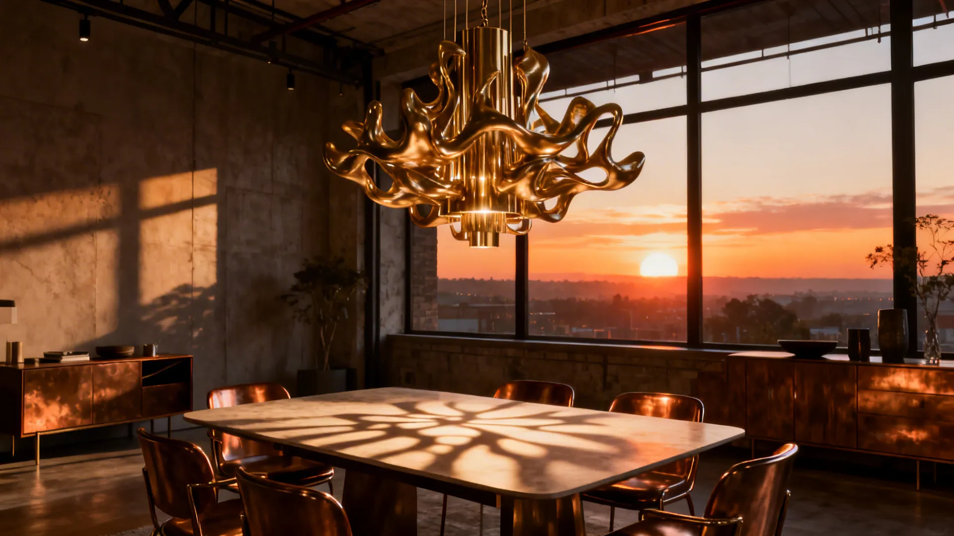 Brass sculptural chandelier suspended above a modern loft dining table casting artistic shadows