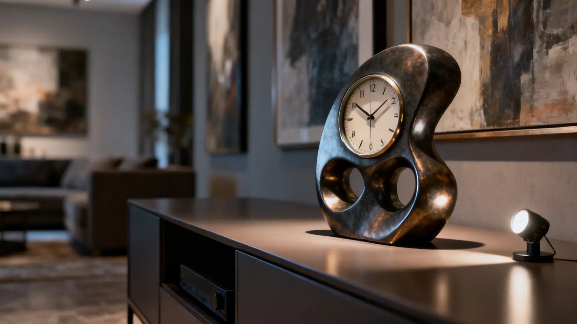 Modern bronze sculptural desk clock sitting on a dark cabinet in a stylish living room setting