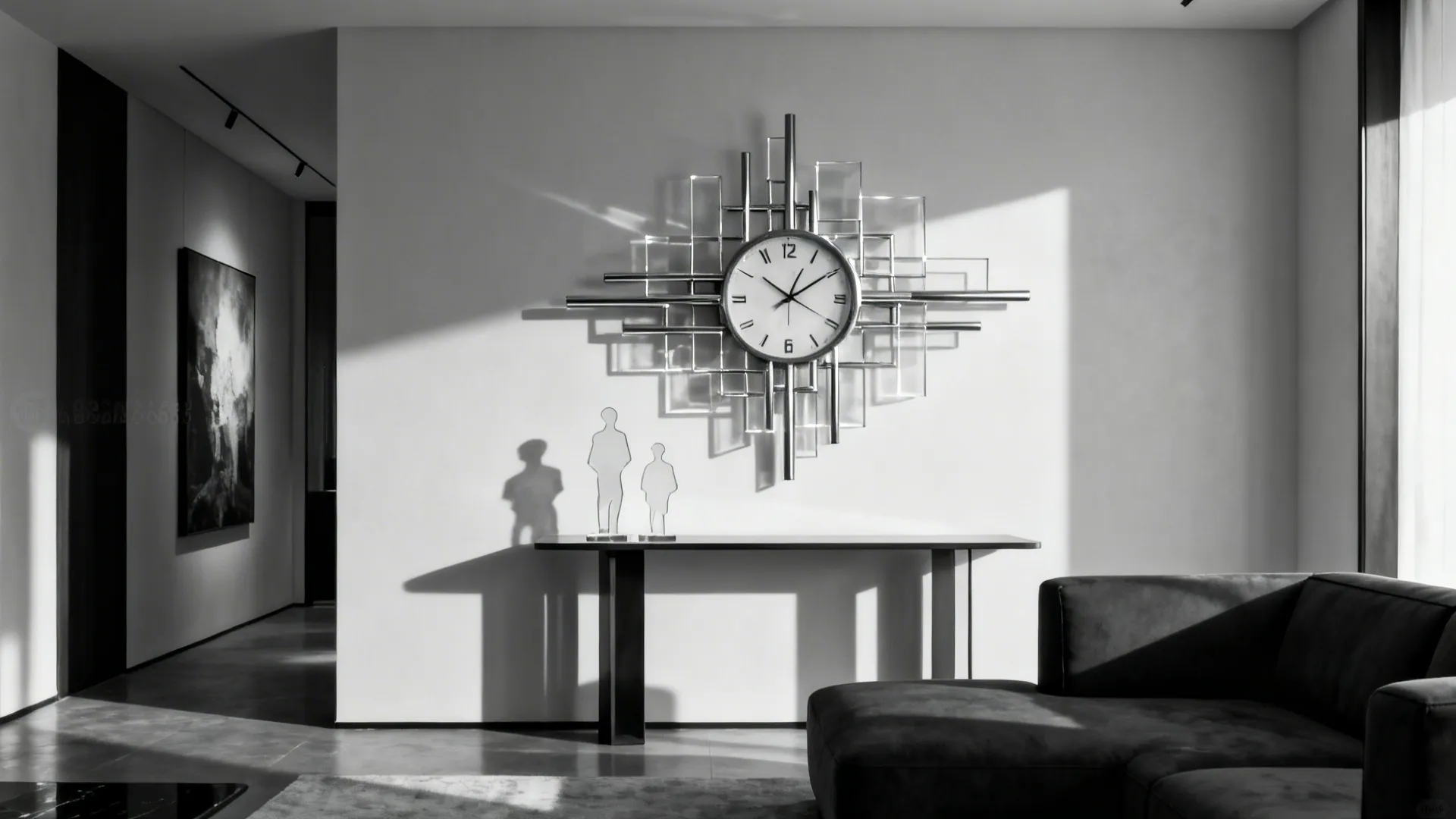 Modern sculptural clock mounted above a minimalist console in a monochrome living room