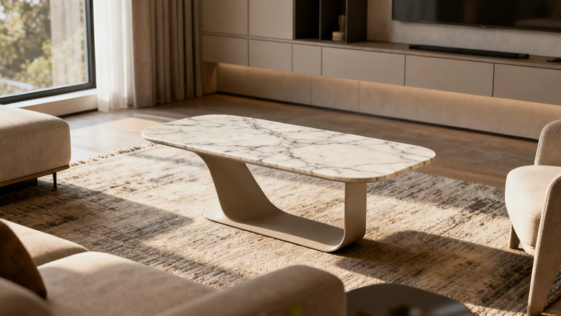 Compact living room with an asymmetric sculptural marble-look coffee table as the focal point.
