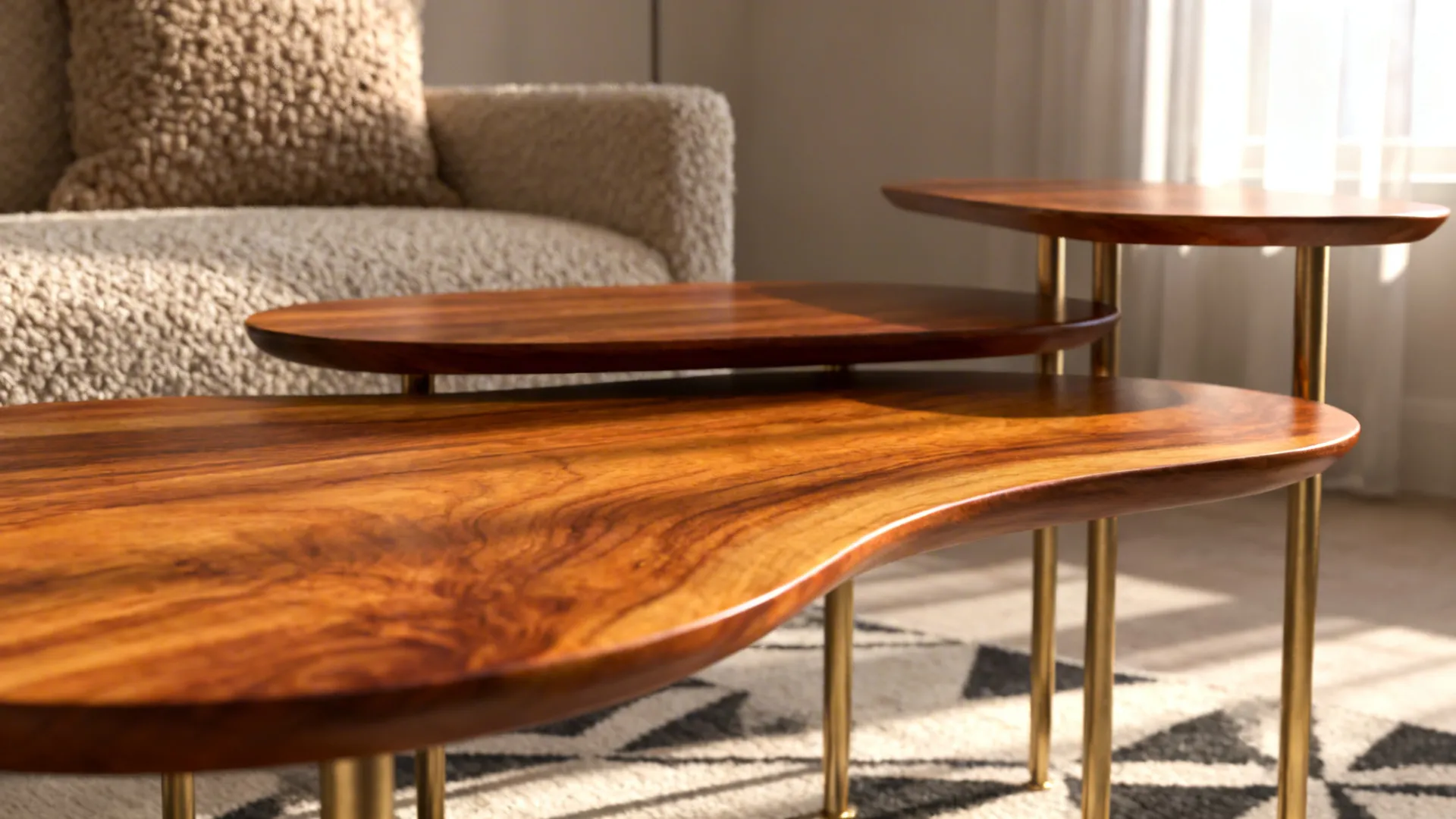 Sculptural walnut coffee table with slim side tables and boucle textures in a mid-century setting.