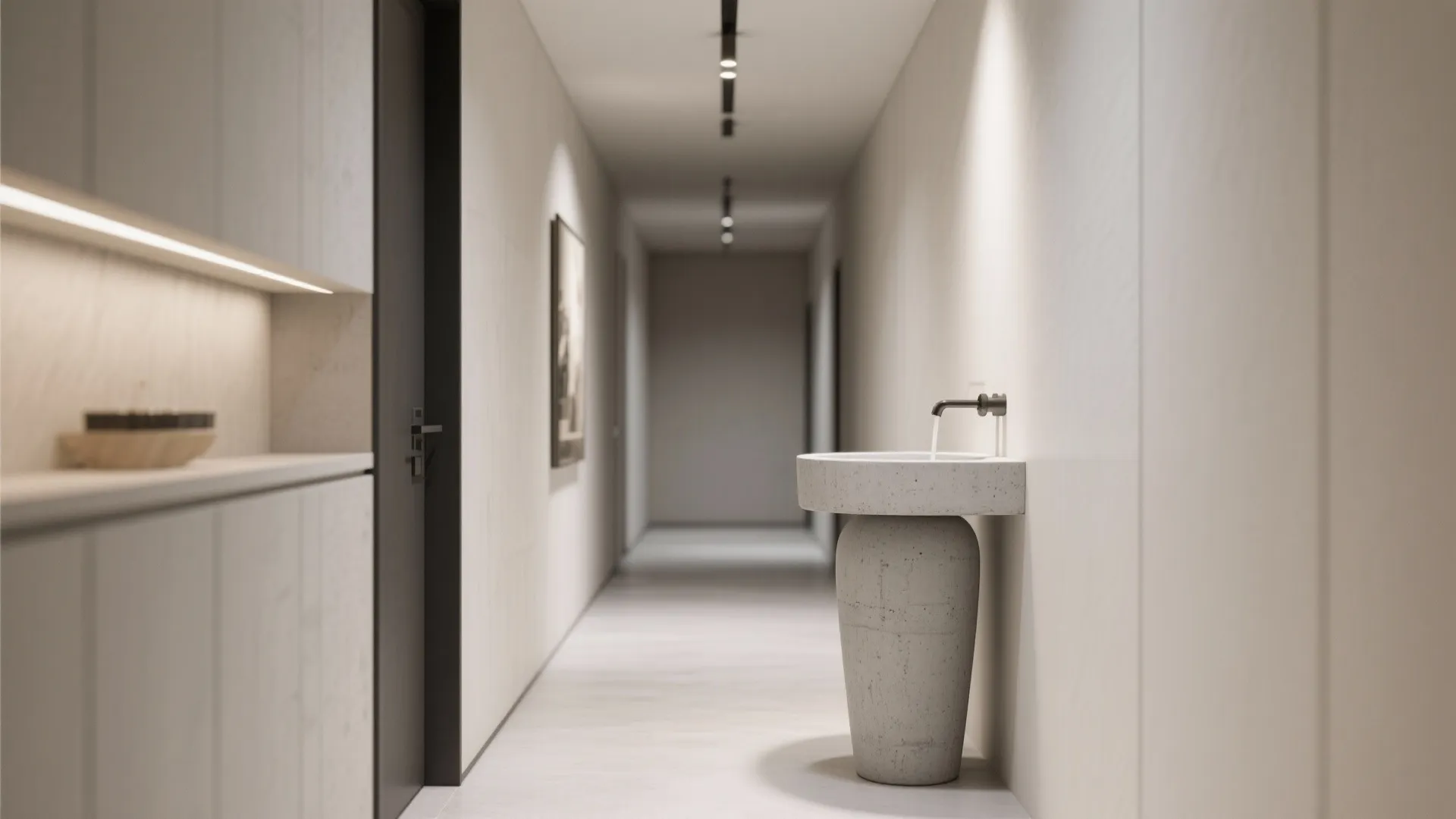 Minimalist hallway with a tall grey stone pedestal sink and a wall mounted silver faucet