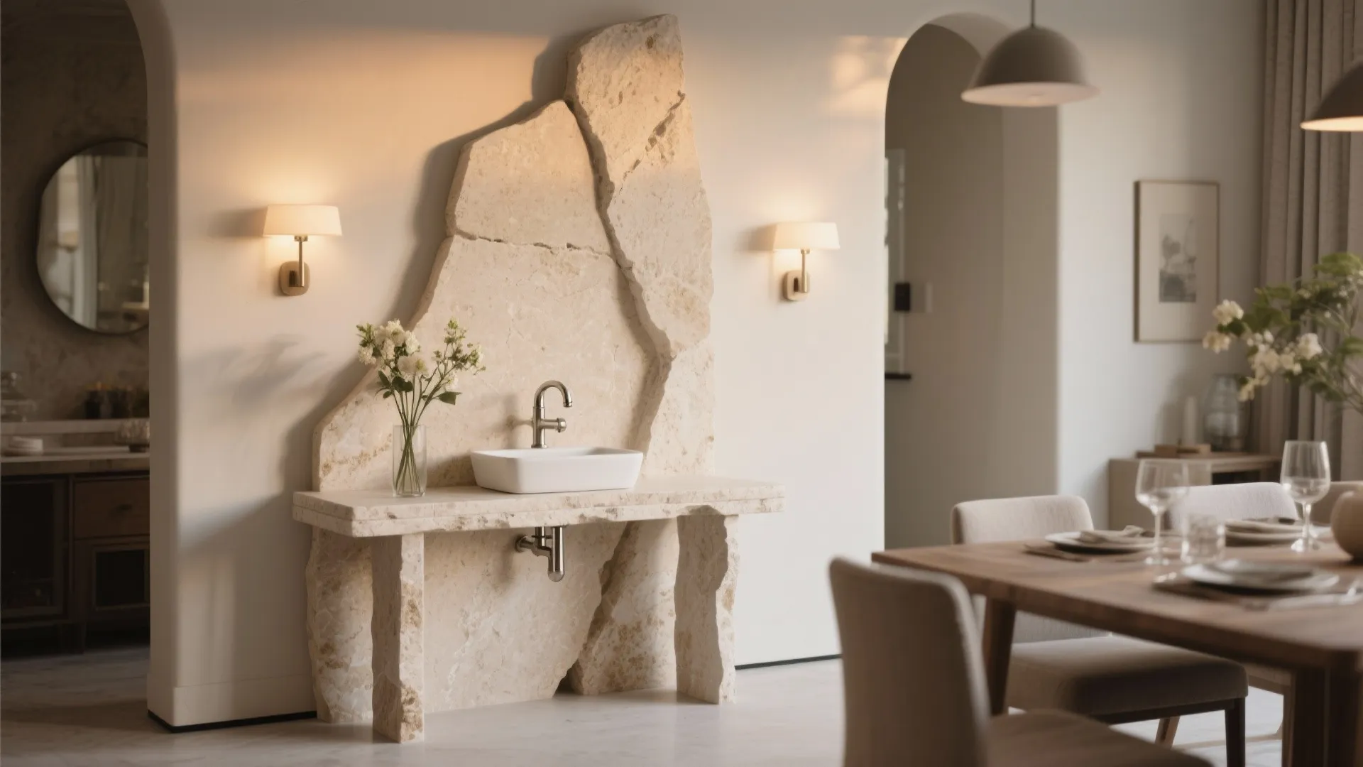 4) Sculptural pedestal or console basin as a statement piece