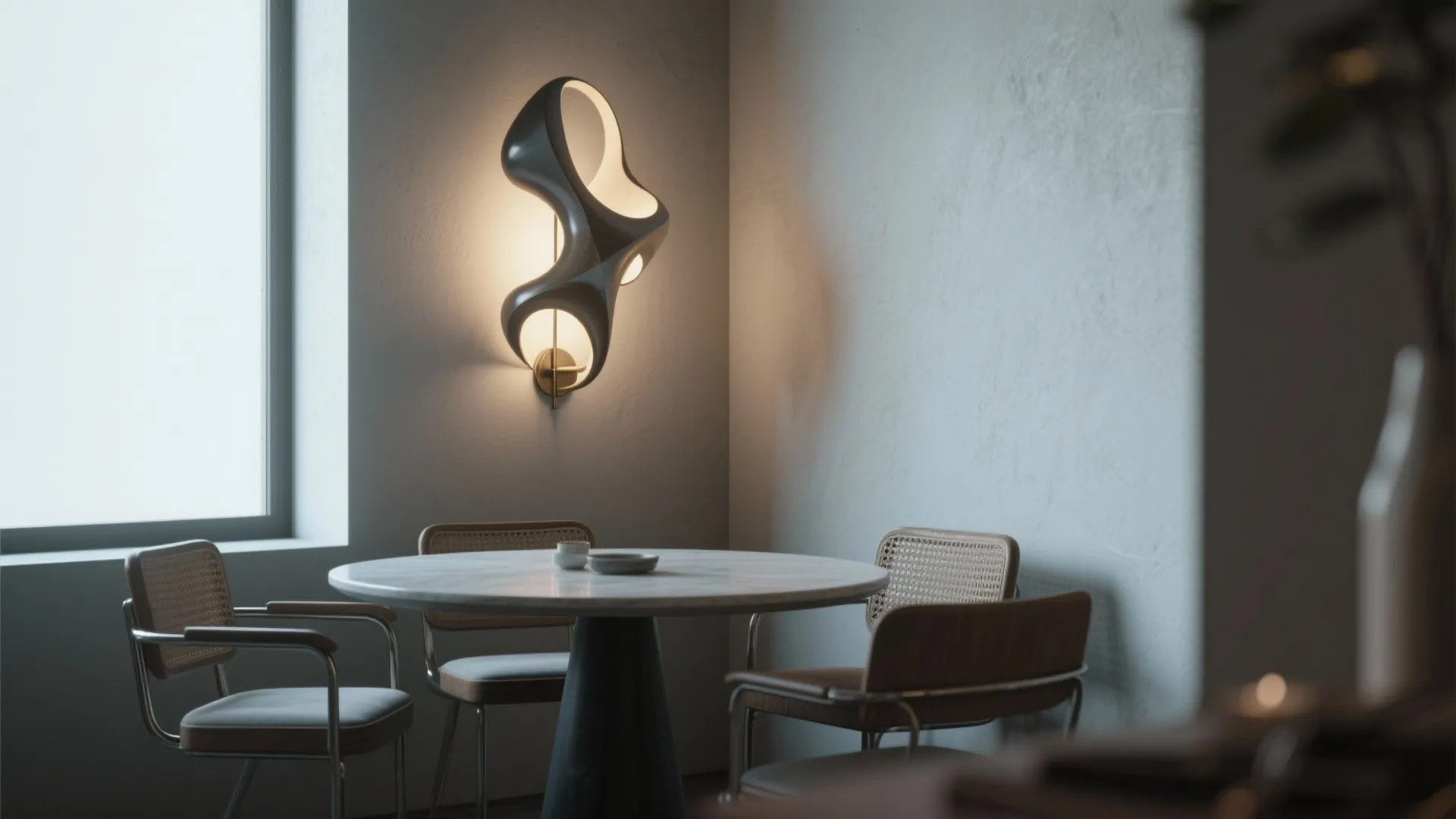 Modern dining area with marble table, woven chairs, and a unique grey sculptural wall light