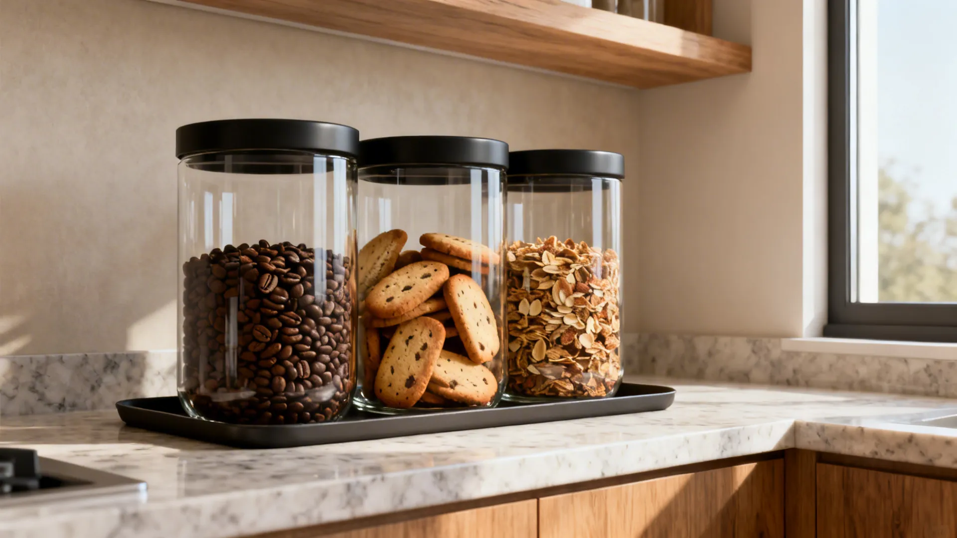Three glass jars with black lids containing coffee beans cookies and cereal on marble counter