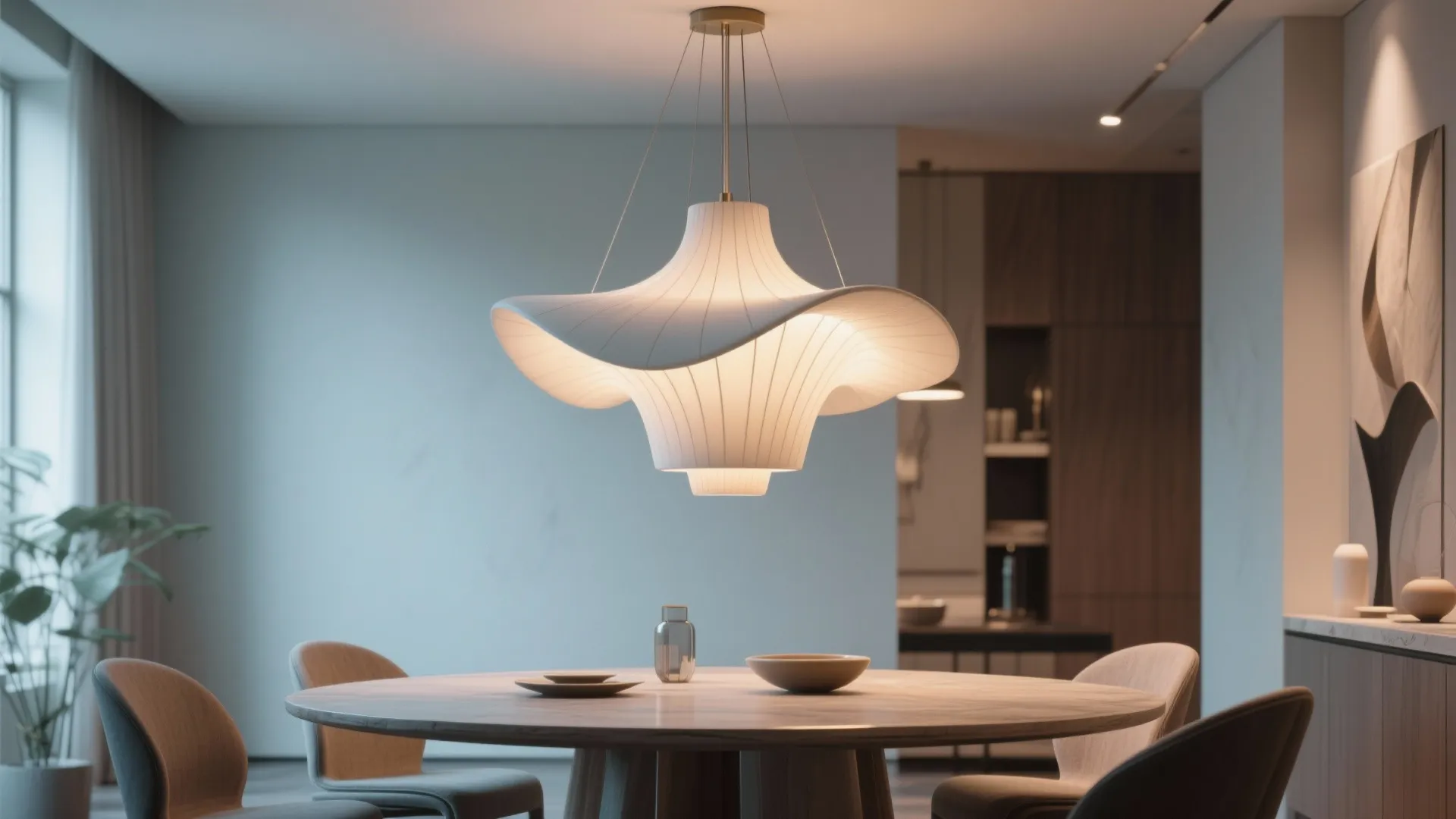 Modern white ceiling light with curved shape hanging over a round wooden dining room table