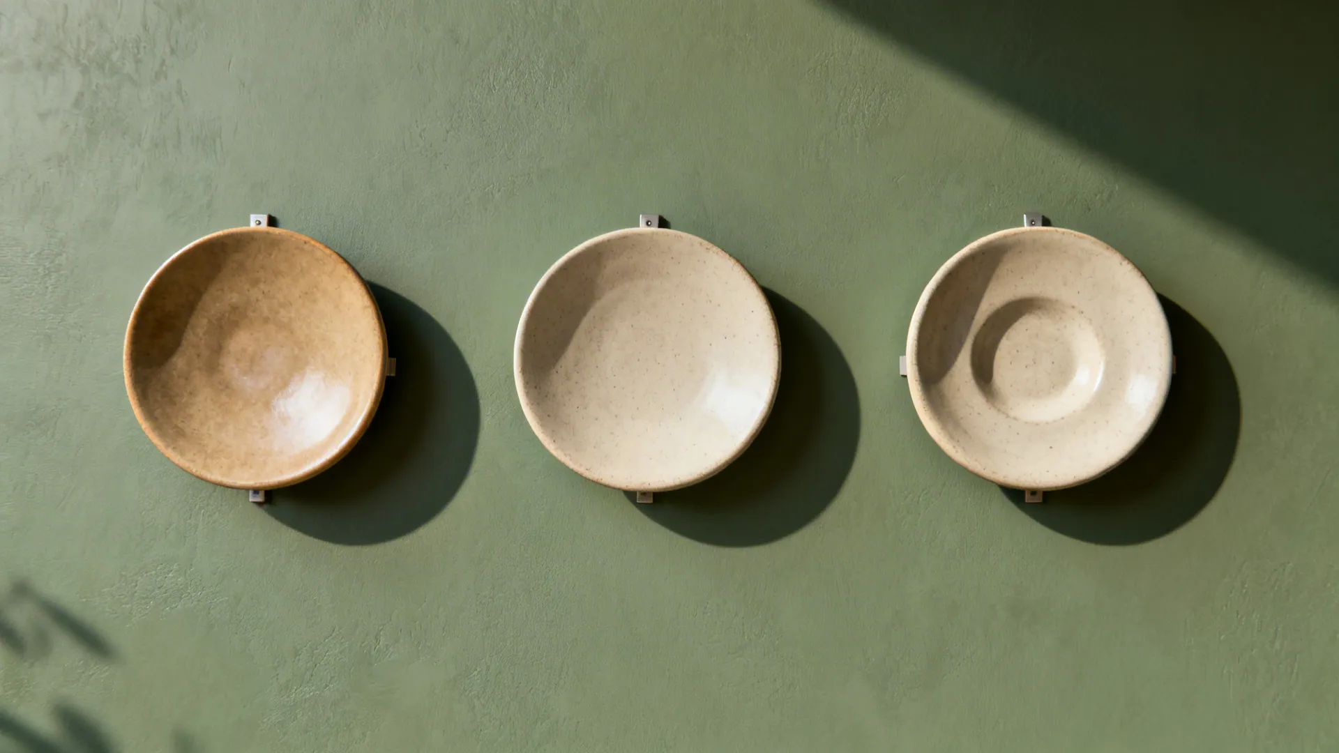 Matte ceramic wall sculptures casting shadows on a sage green wall in a modern living room
