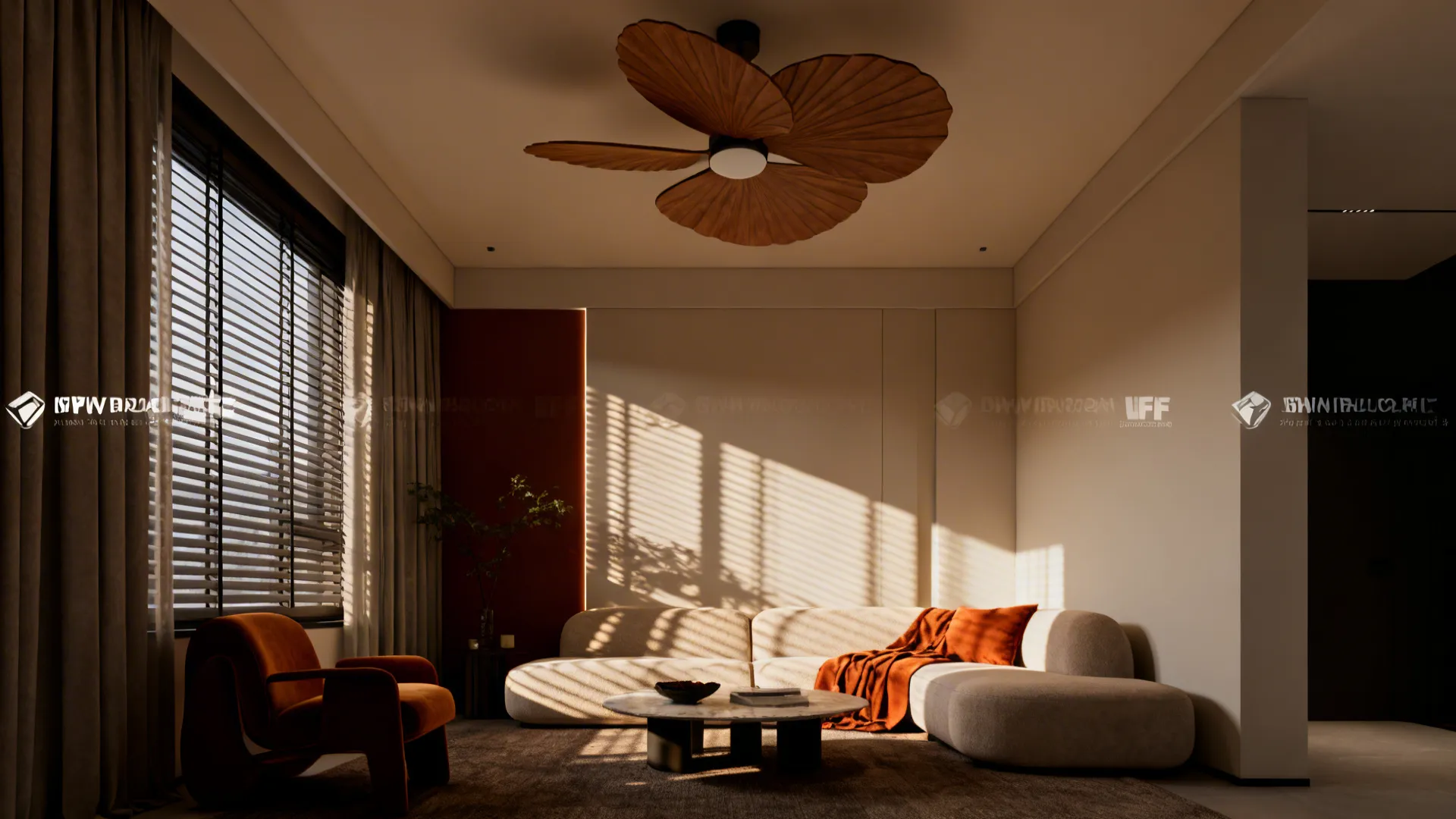 Small living room featuring a sculptural petal-blade ceiling fan used as a focal art piece.