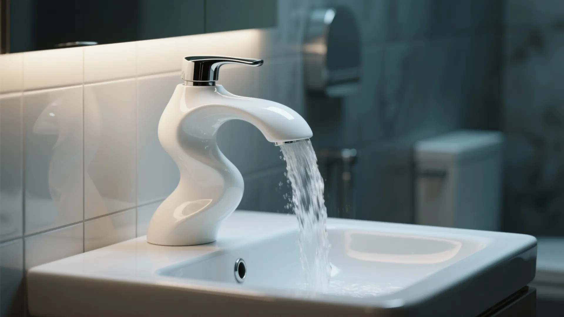 Sculptural white waterfall faucet serving as a jewelry-like focal point in a small bathroom.