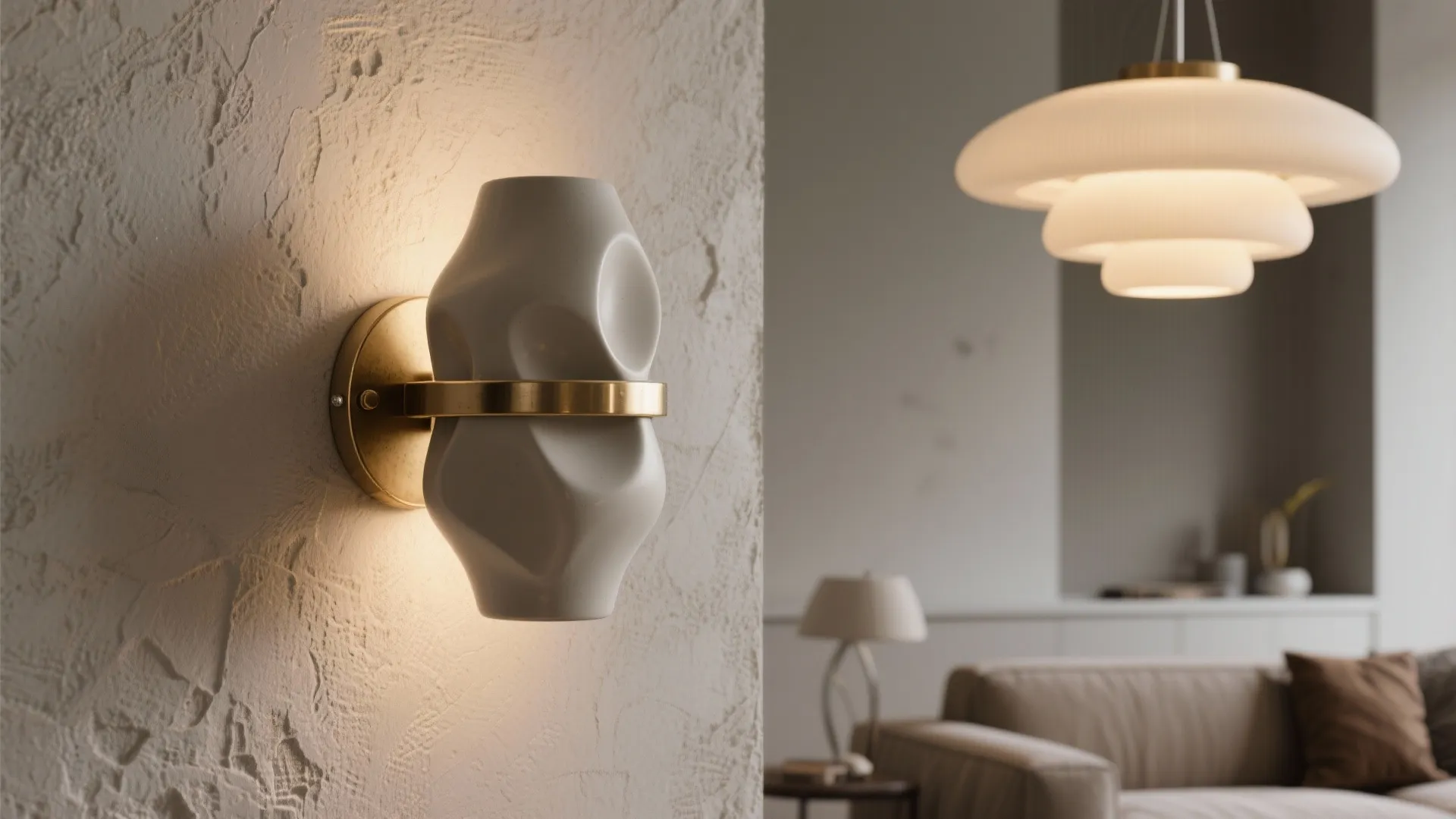 Modern white wall light on textured wall with a large ceiling light in the background