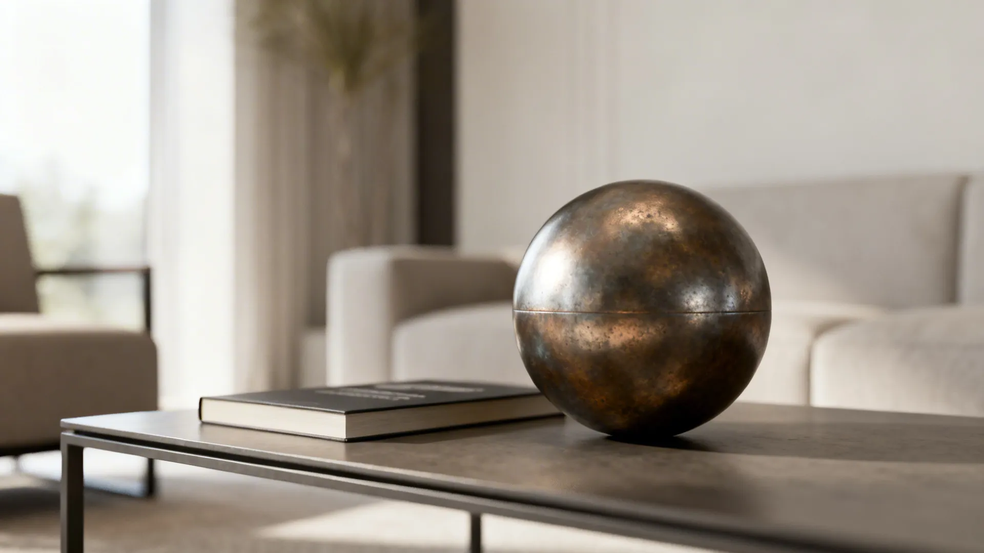 Sculptural metal orb on a coffee table beside a low-profile book