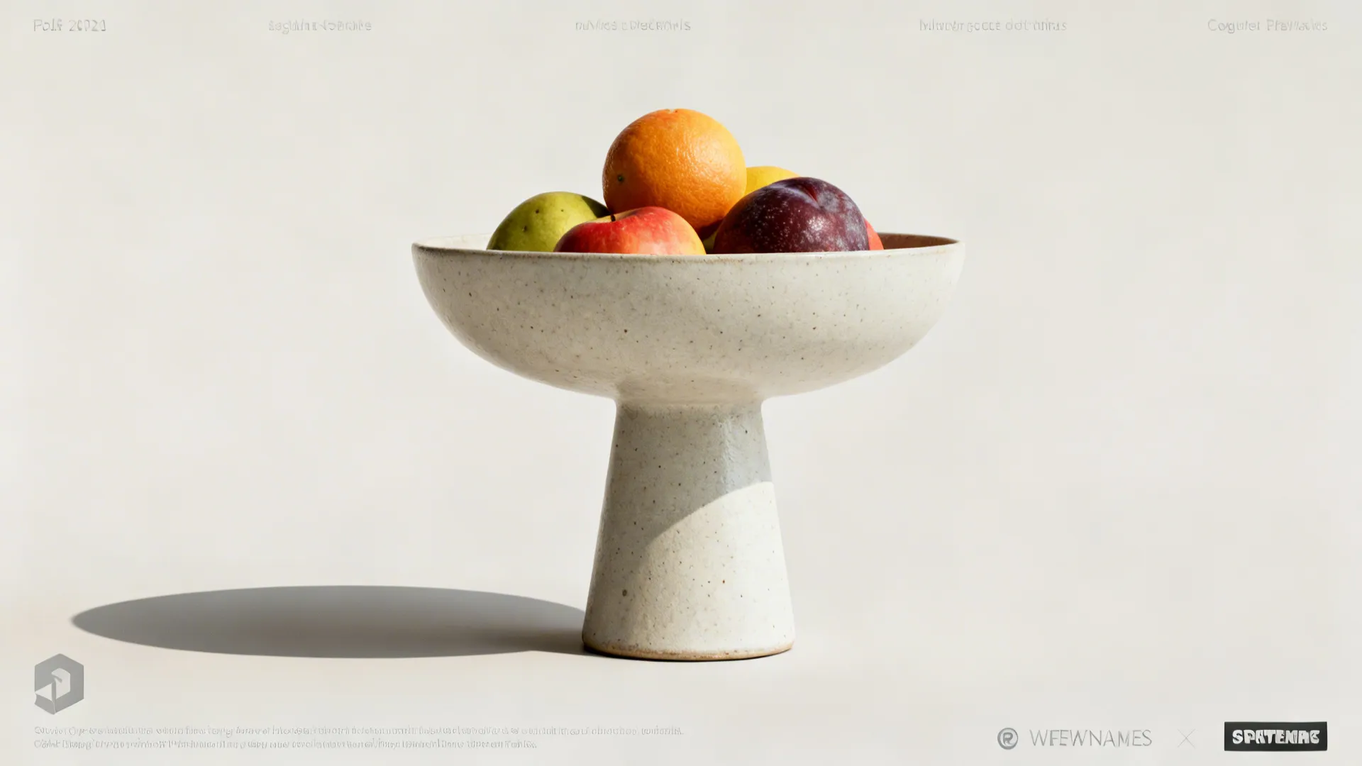 Elevated sculptural ceramic fruit bowl with neatly arranged fruit as a vertical focal point.