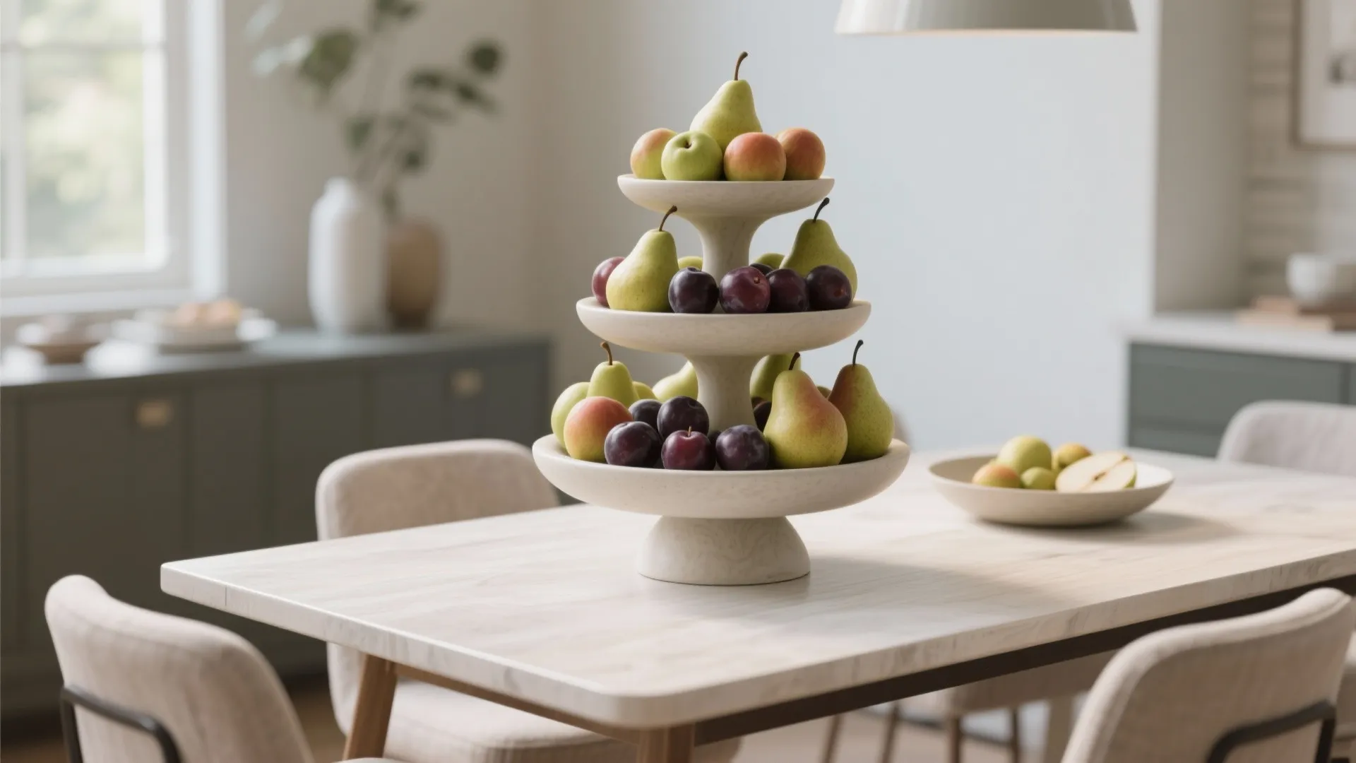 Tiered fruit stand with pears and plums on dining table