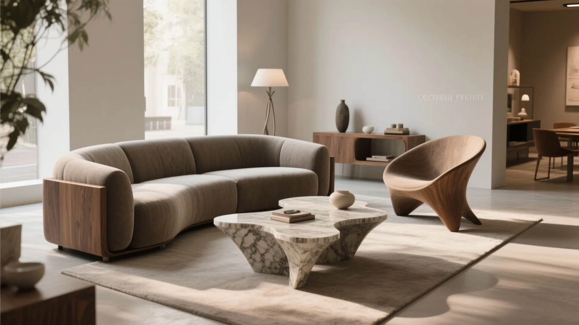 Compact living room with a curved sofa, asymmetrical coffee table and clear circulation paths.