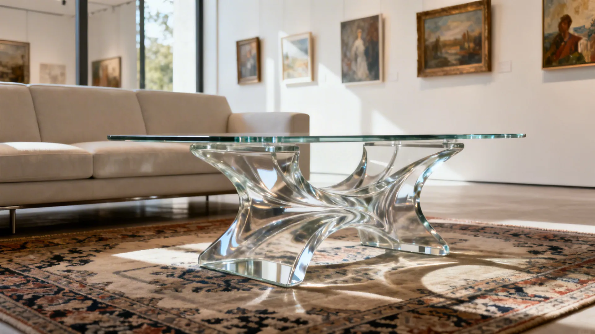 Sculptural glass base coffee table with clear top in a gallery-like living room.