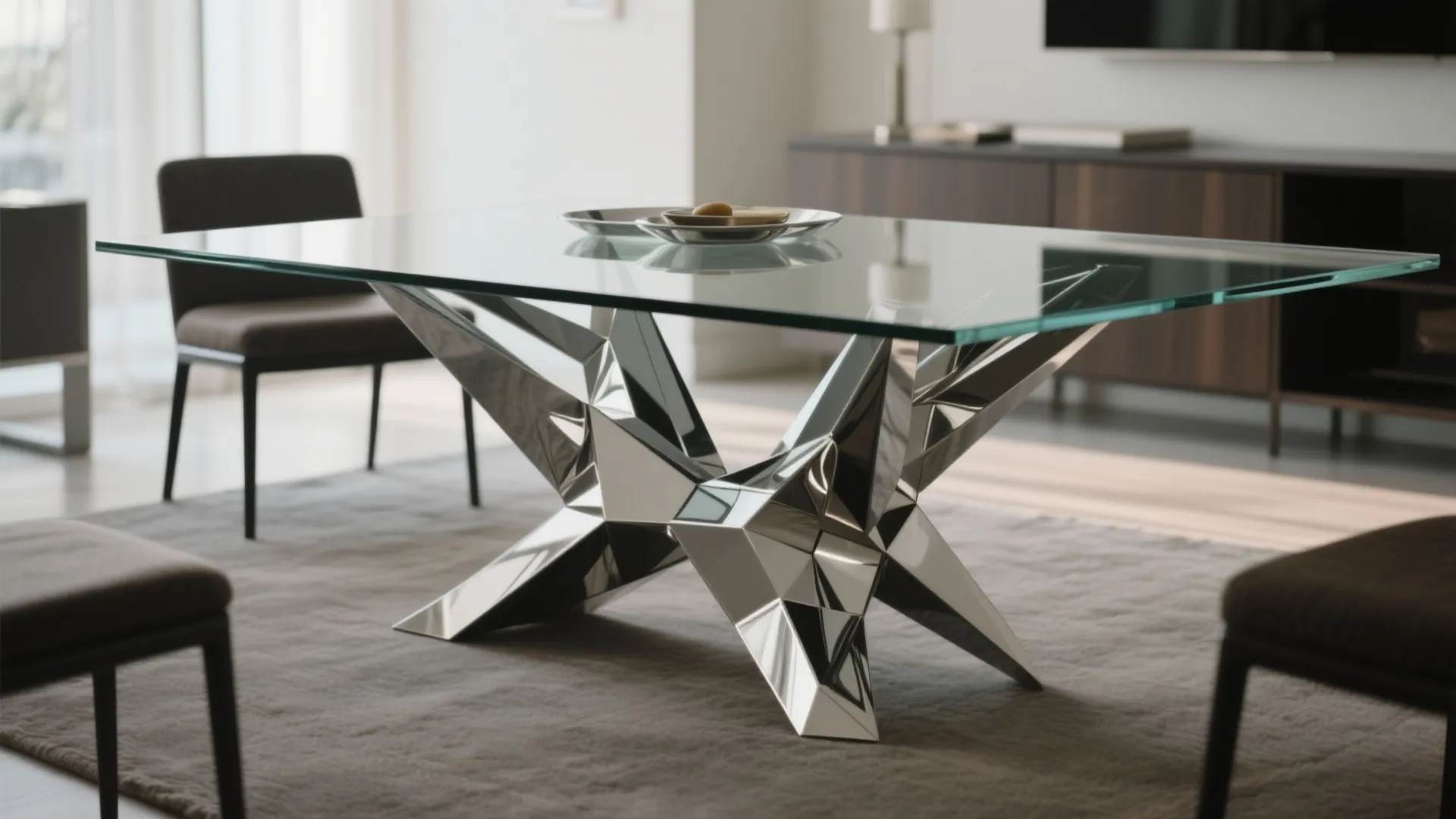Clear glass top dining table with a silver metal geometric base on a grey rug