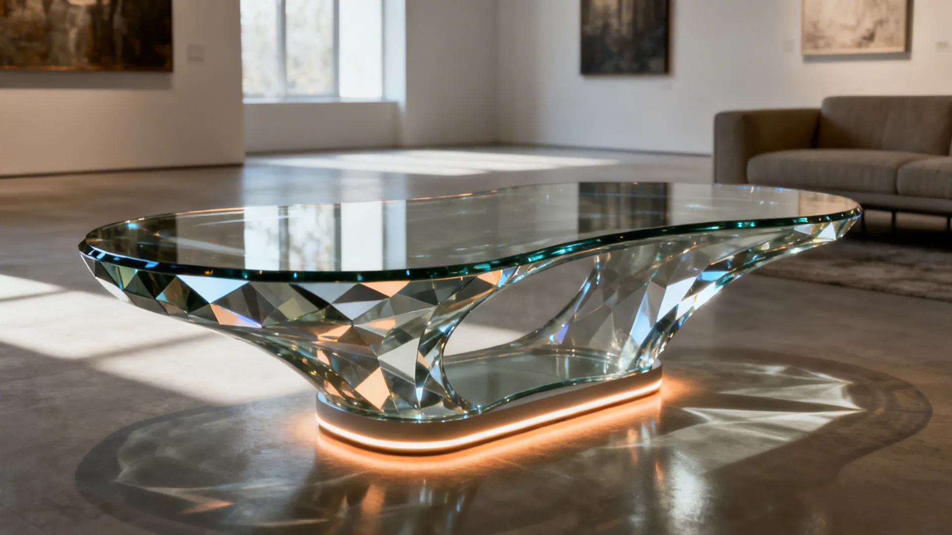 Close-up of a sculptural glass coffee table with faceted edges and integrated LED base in a minimalist room.