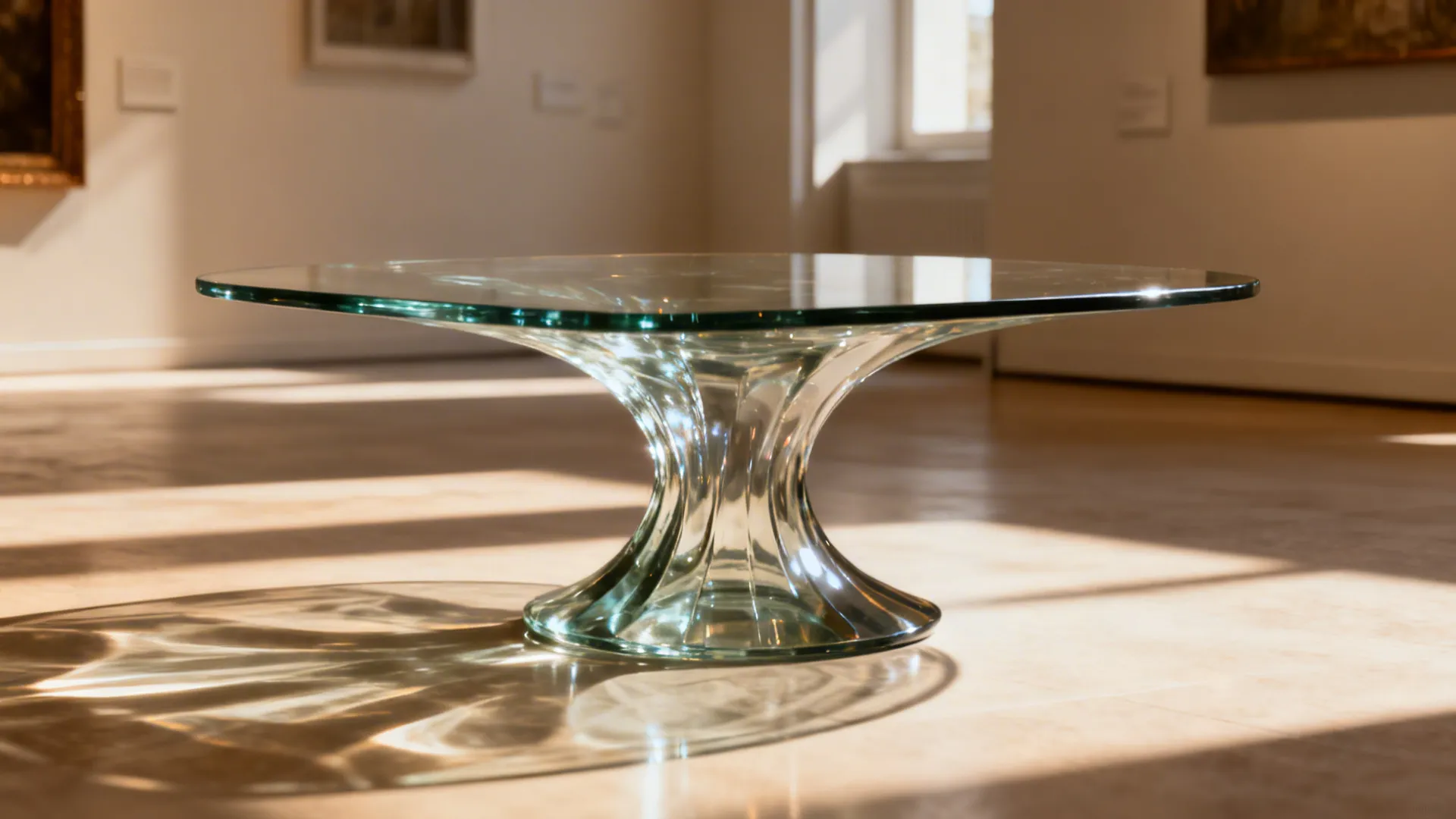 Sculptural glass coffee table with a flared base serving as both art and functional surface in a small living space.