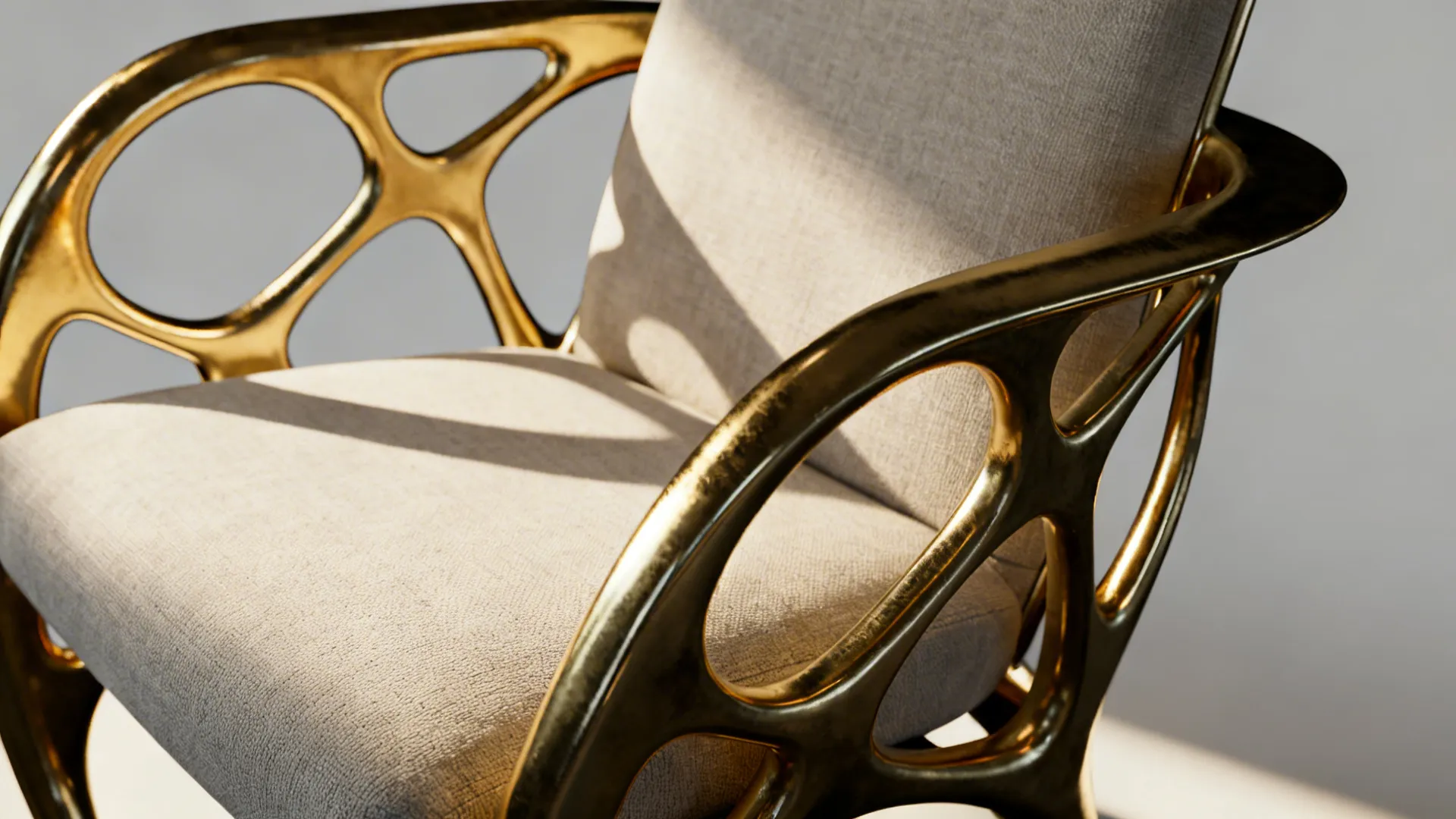 Close-up of an occasional chair with sculptural gold arms set against a minimalist interior