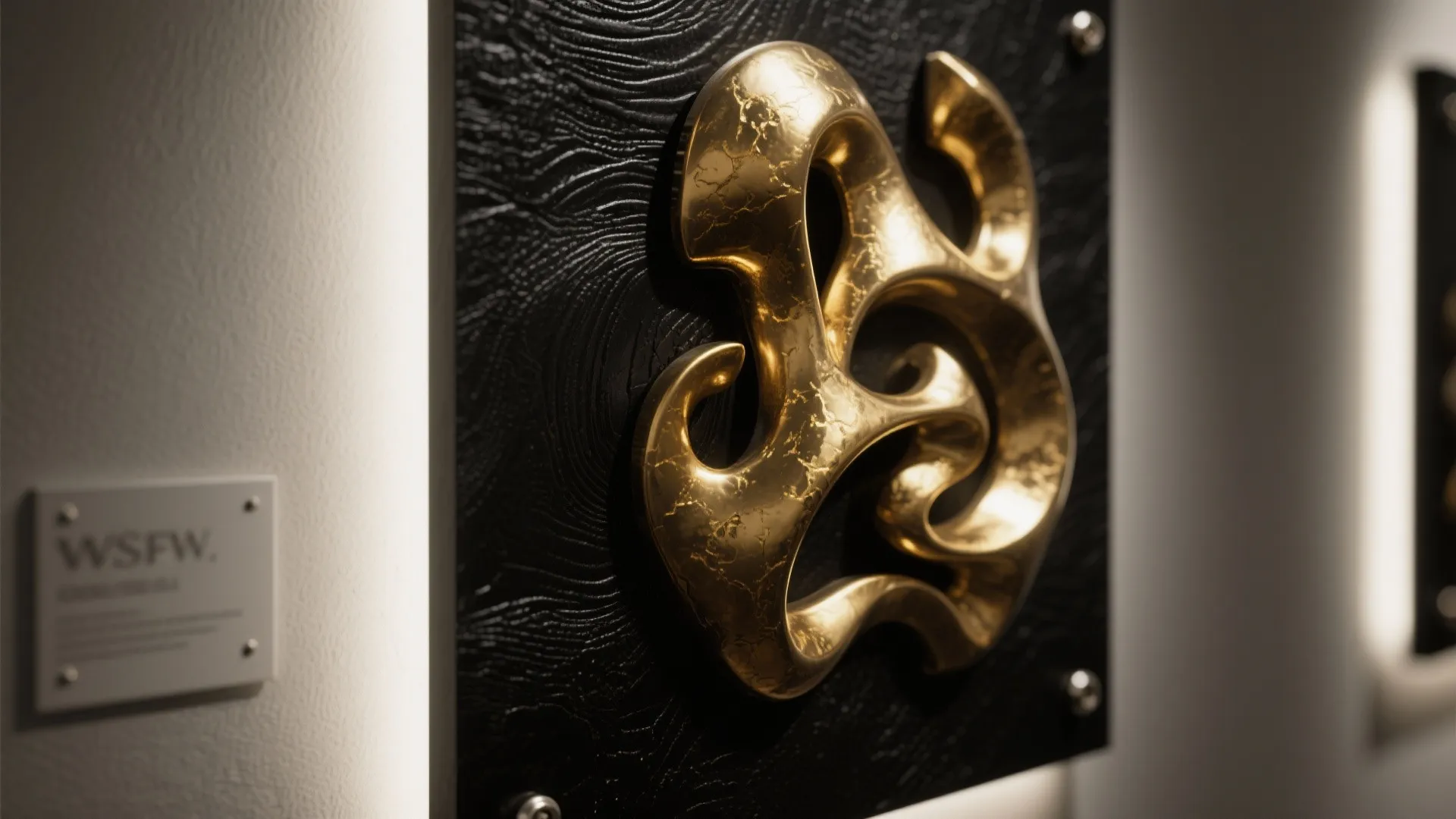 4. Sculptural gold metal art over a black textured panel