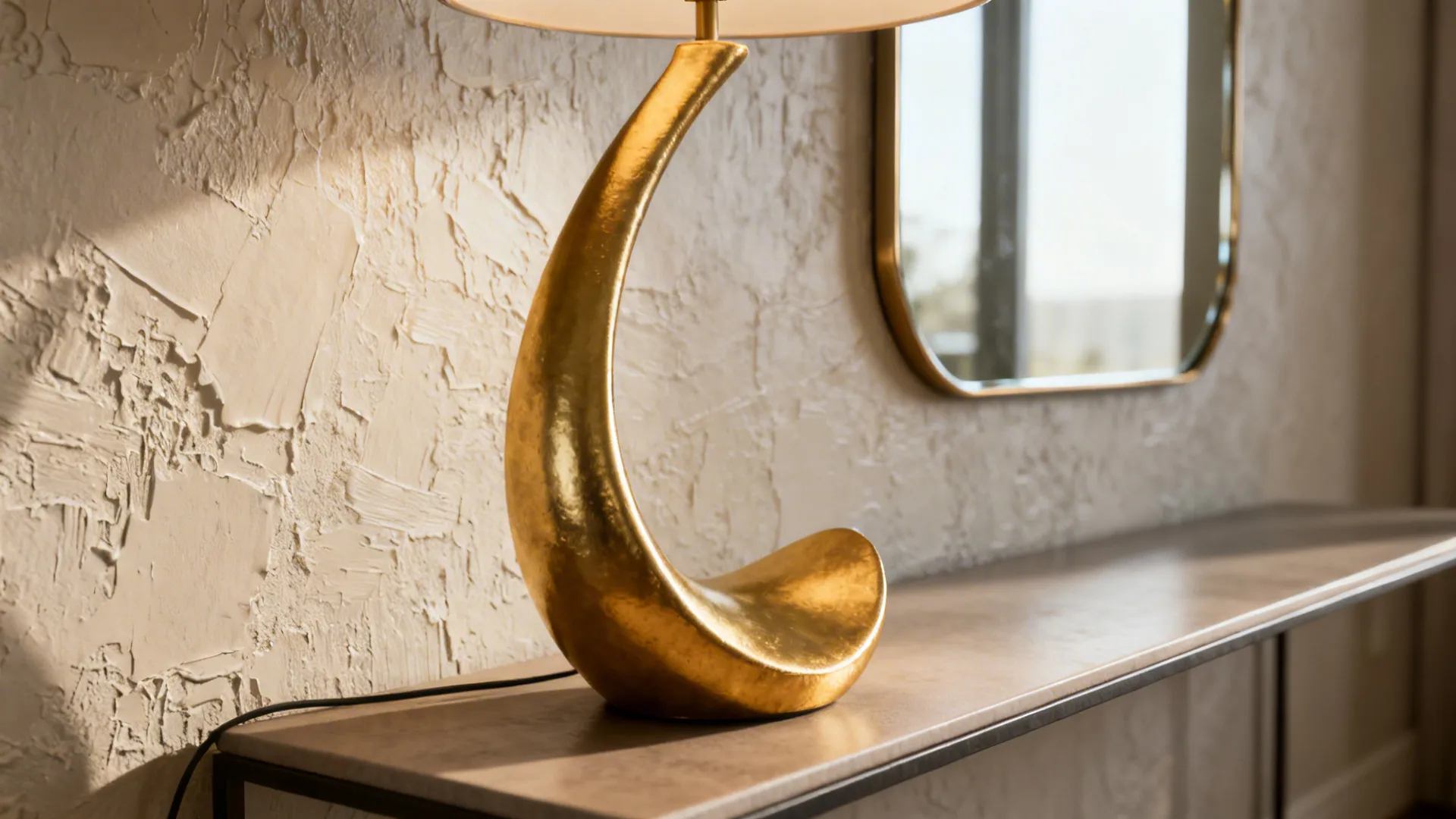 Close-up of a sculptural gold table lamp on a narrow console with a simple mirror reflecting light.