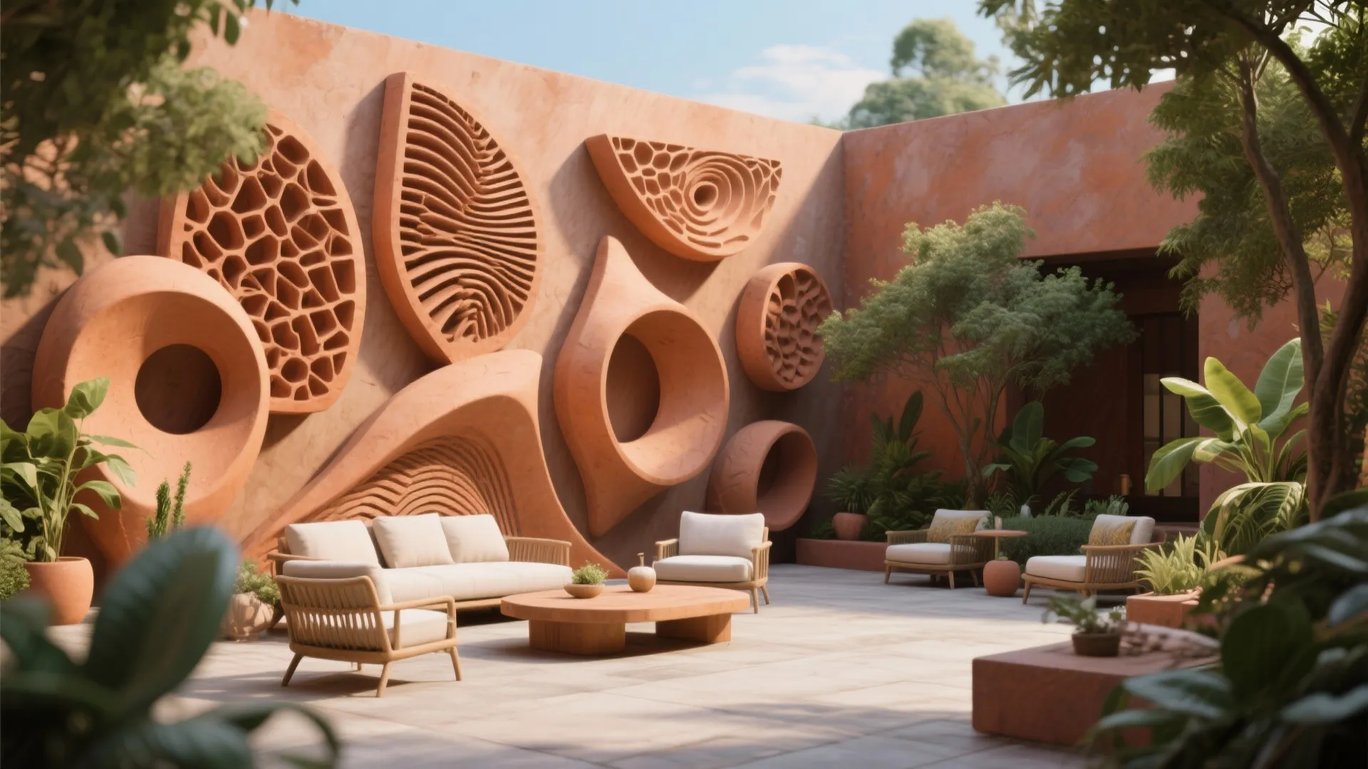 Modern outdoor patio with white sofas wood coffee table and large clay wall art and plants