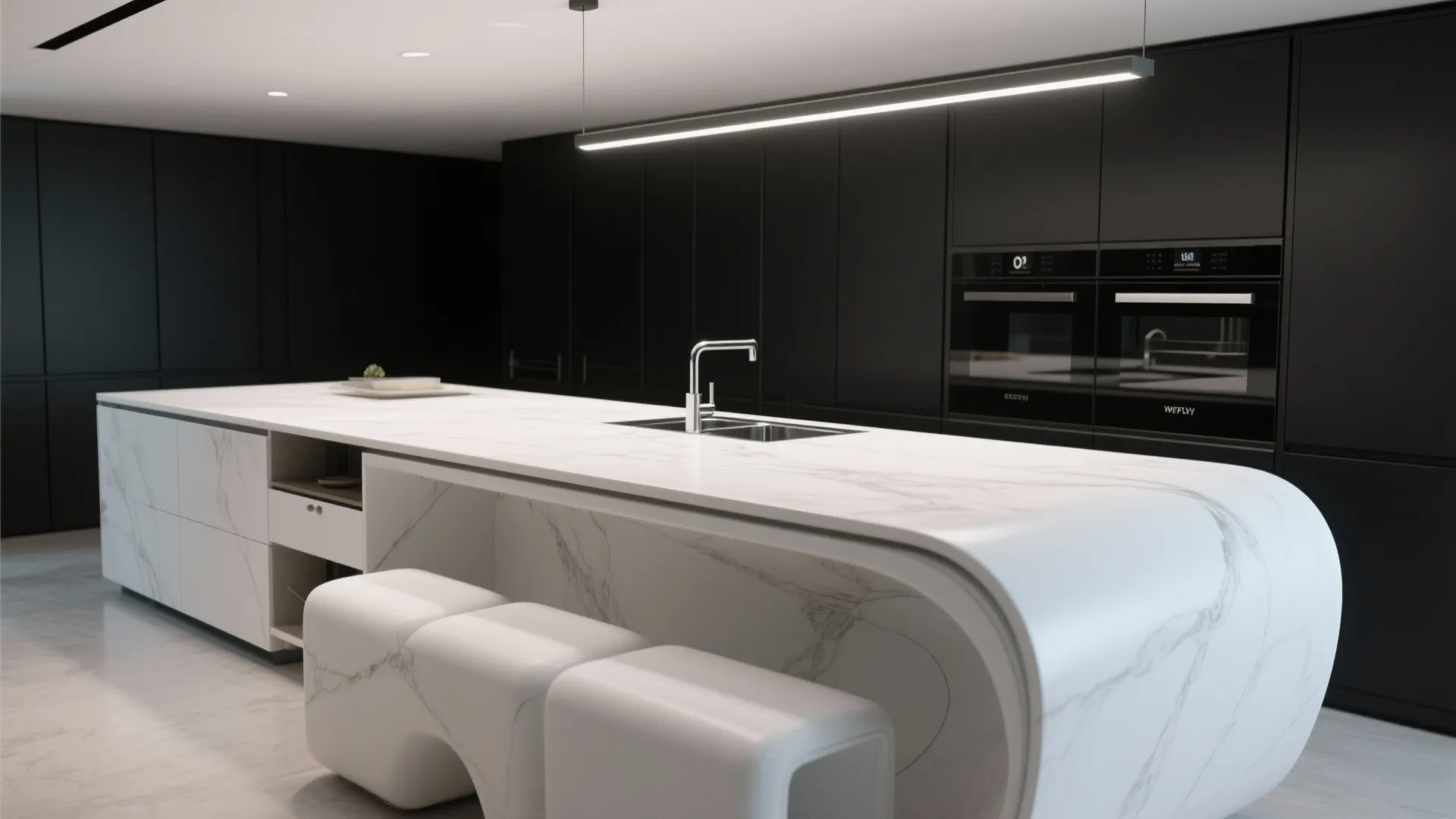 Minimalist white marble kitchen island with curved edges integrated sink and sleek black cabinet background