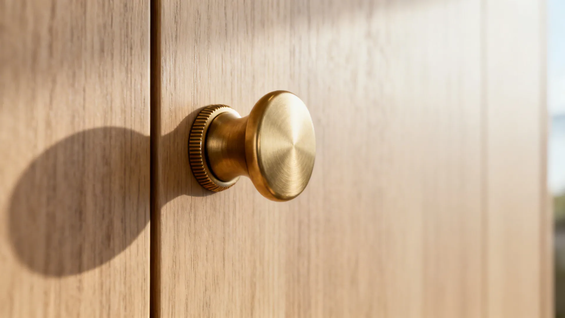 Macro of a slim sculptural brass knob on a matte pale oak cabinet door.