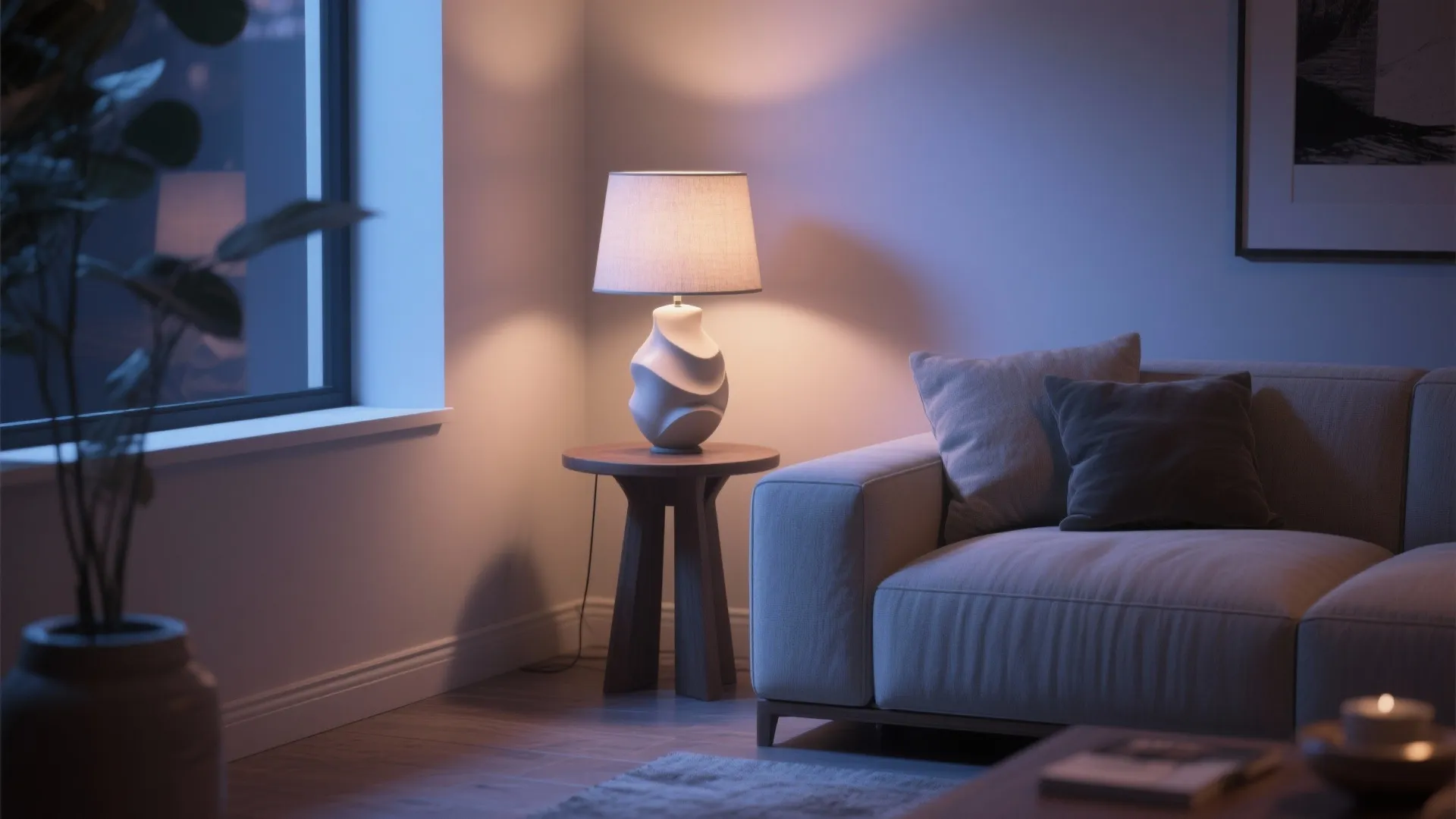 Modern living room corner with grey sofa and unique white table lamp on wooden side table