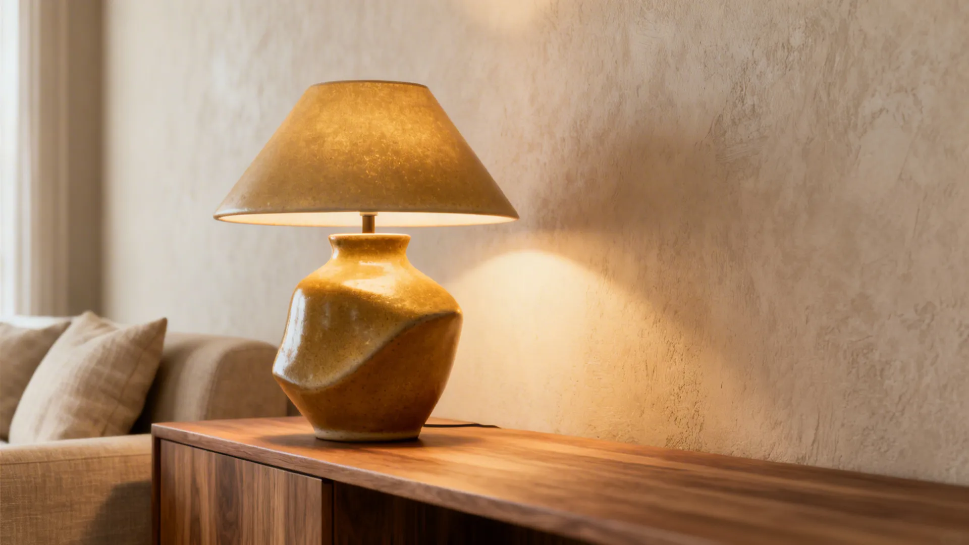 Asymmetric ceramic sculptural table lamp on a wooden console emitting warm light