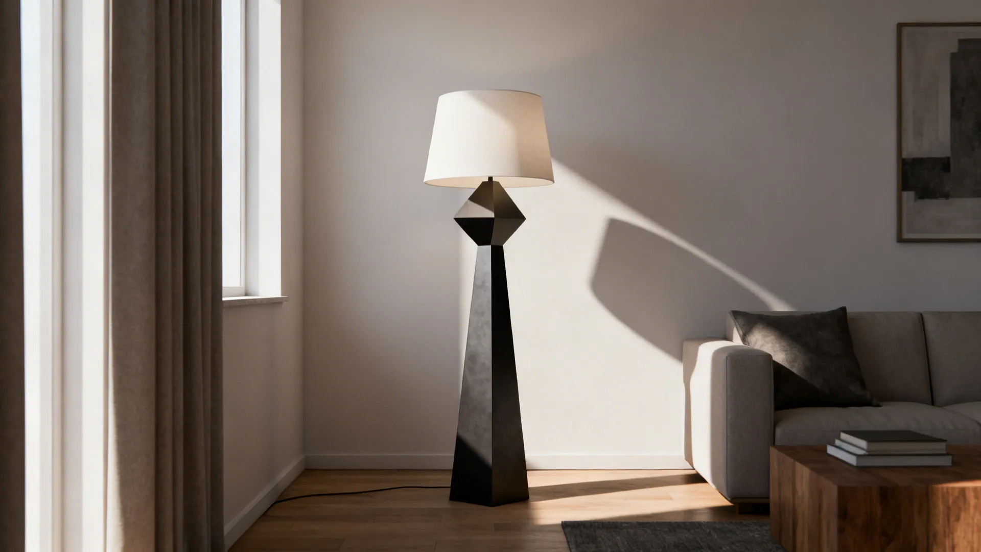 Geometric sculptural floor lamp as a focal art piece in a minimal micro living room.
