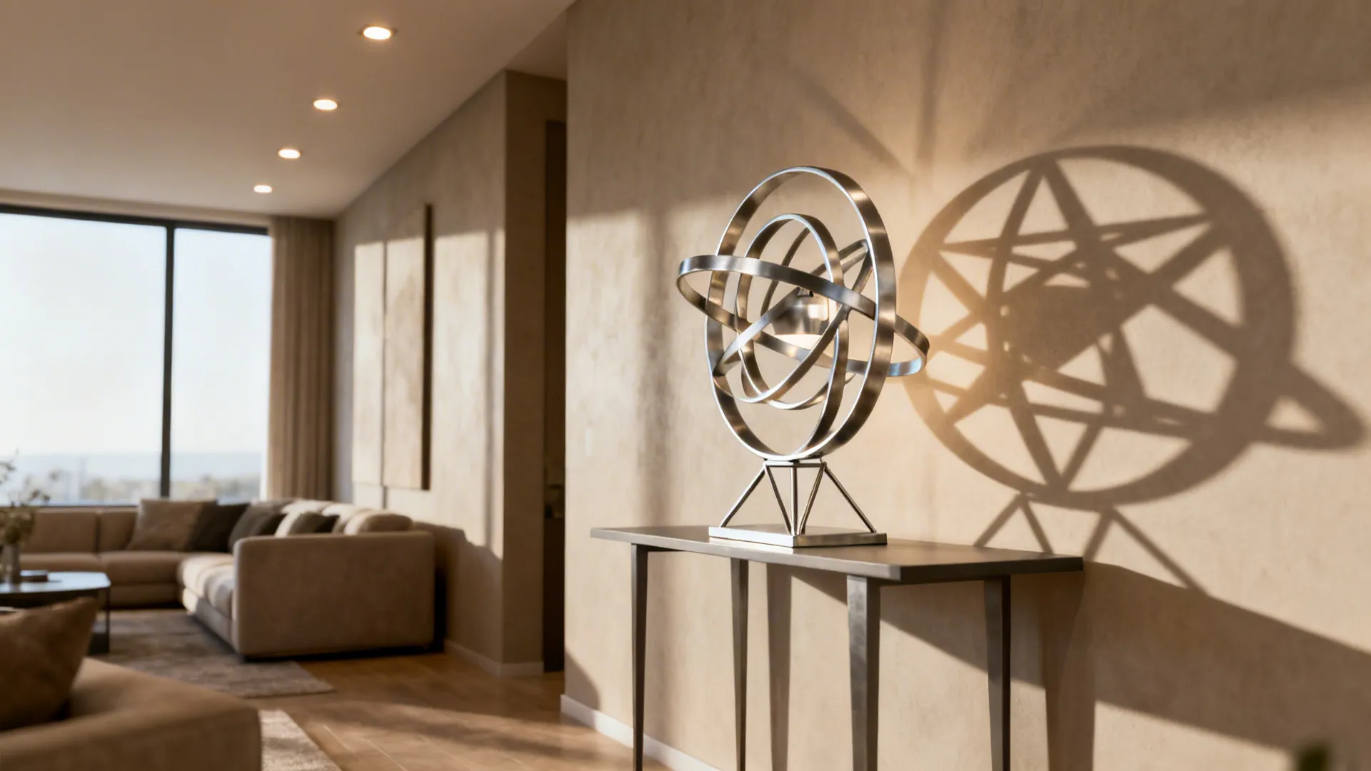 Sculptural geometric metal lamp casting artistic shadows on a wall in a small living space.