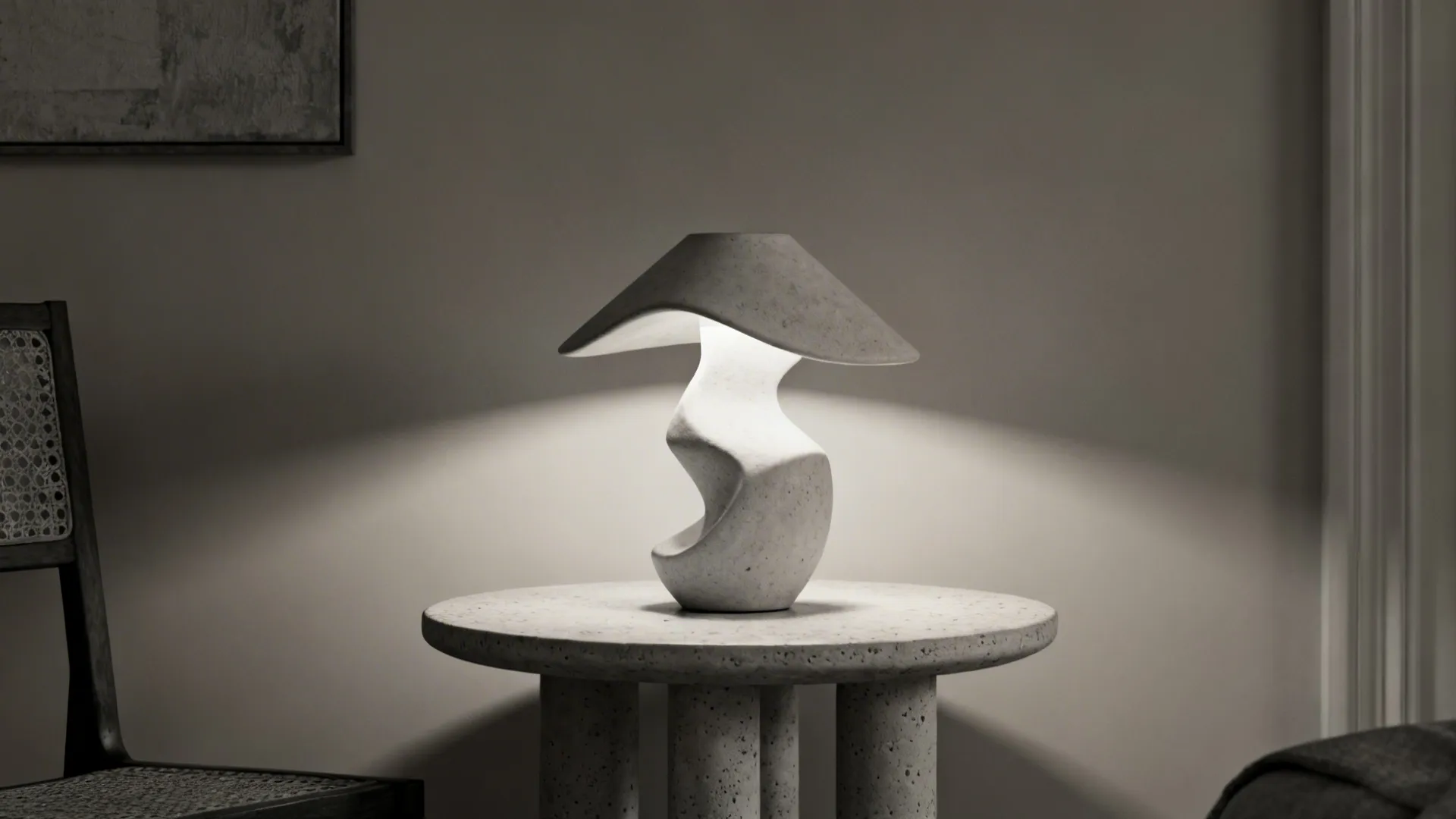 Asymmetrical ceramic sculptural lamp as a focal accent on a petite end table
