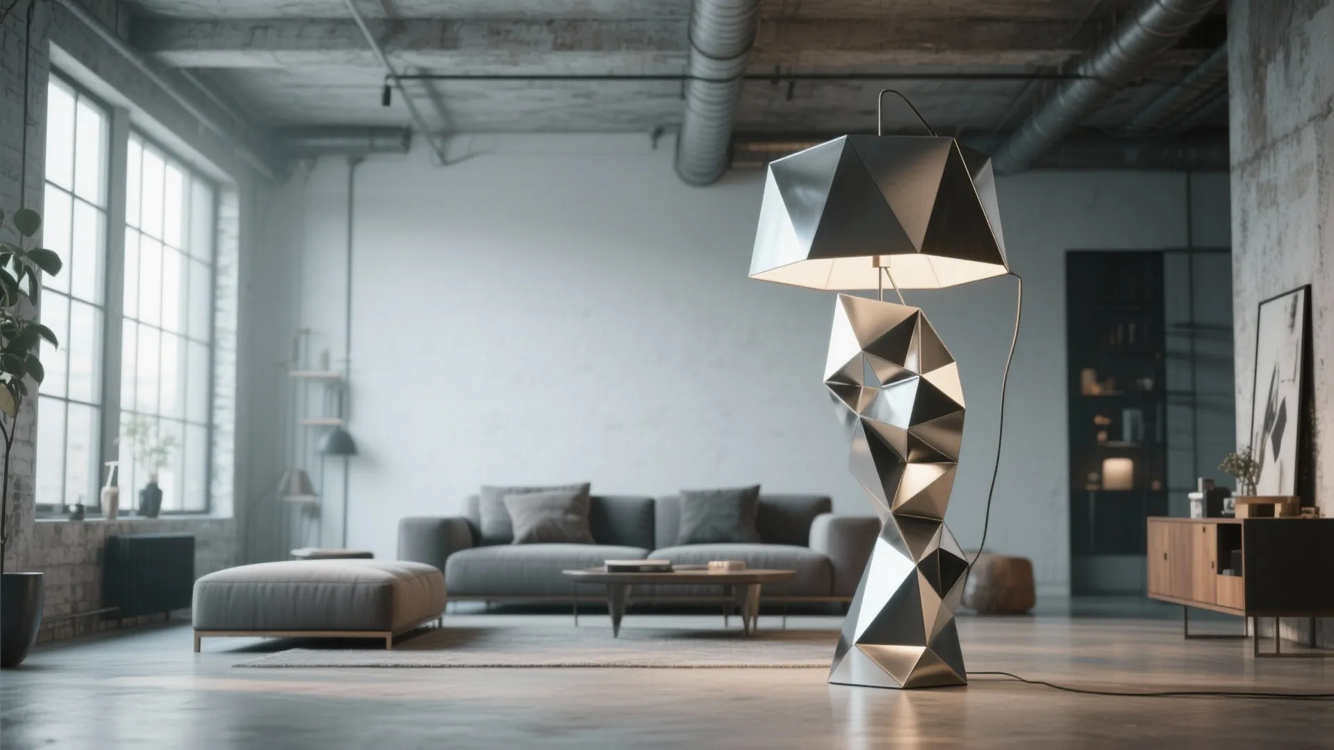 Modern silver geometric floor lamp in a loft living room with grey sofa and windows