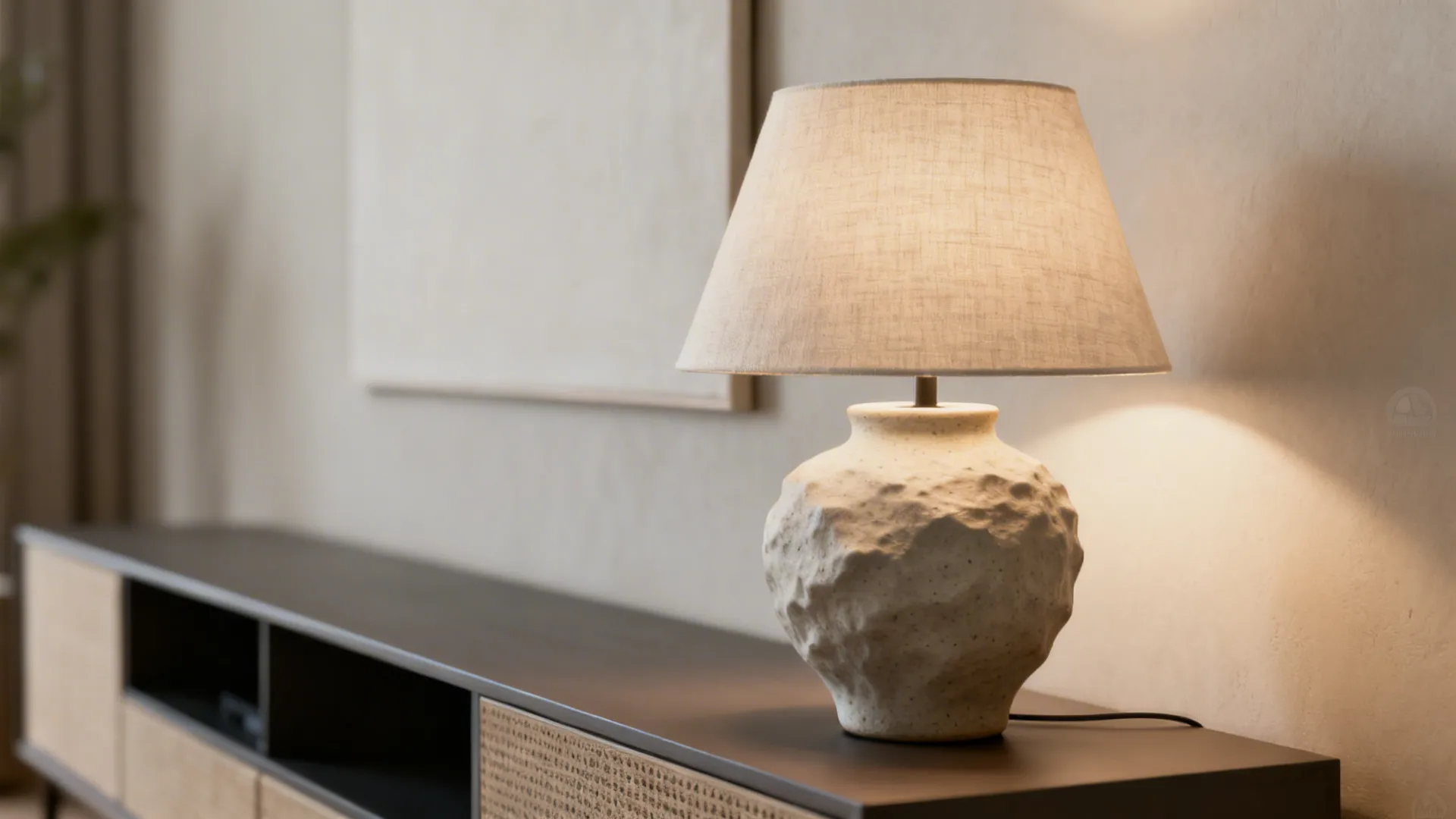 Textured ceramic sculptural lamp on a low console serving as functional art.