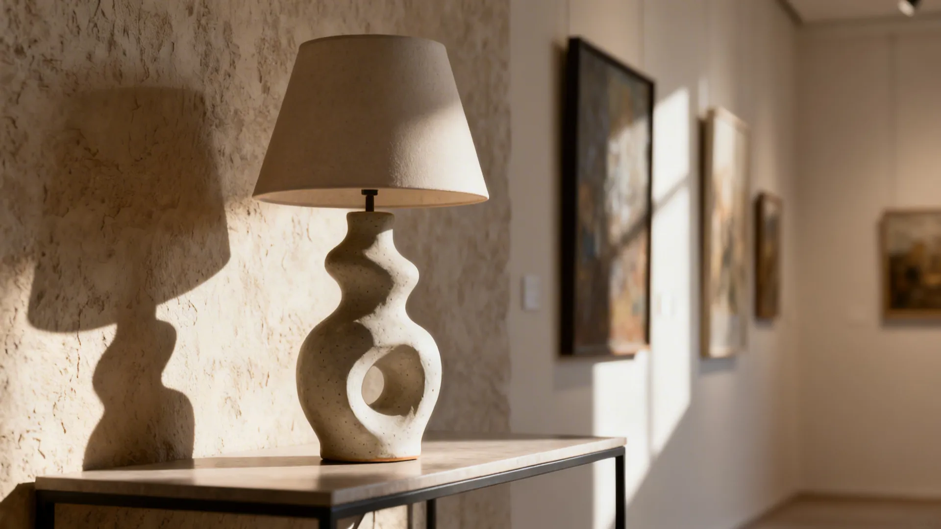 Sculptural ceramic lamp on a console table, styled as an artful focal point.