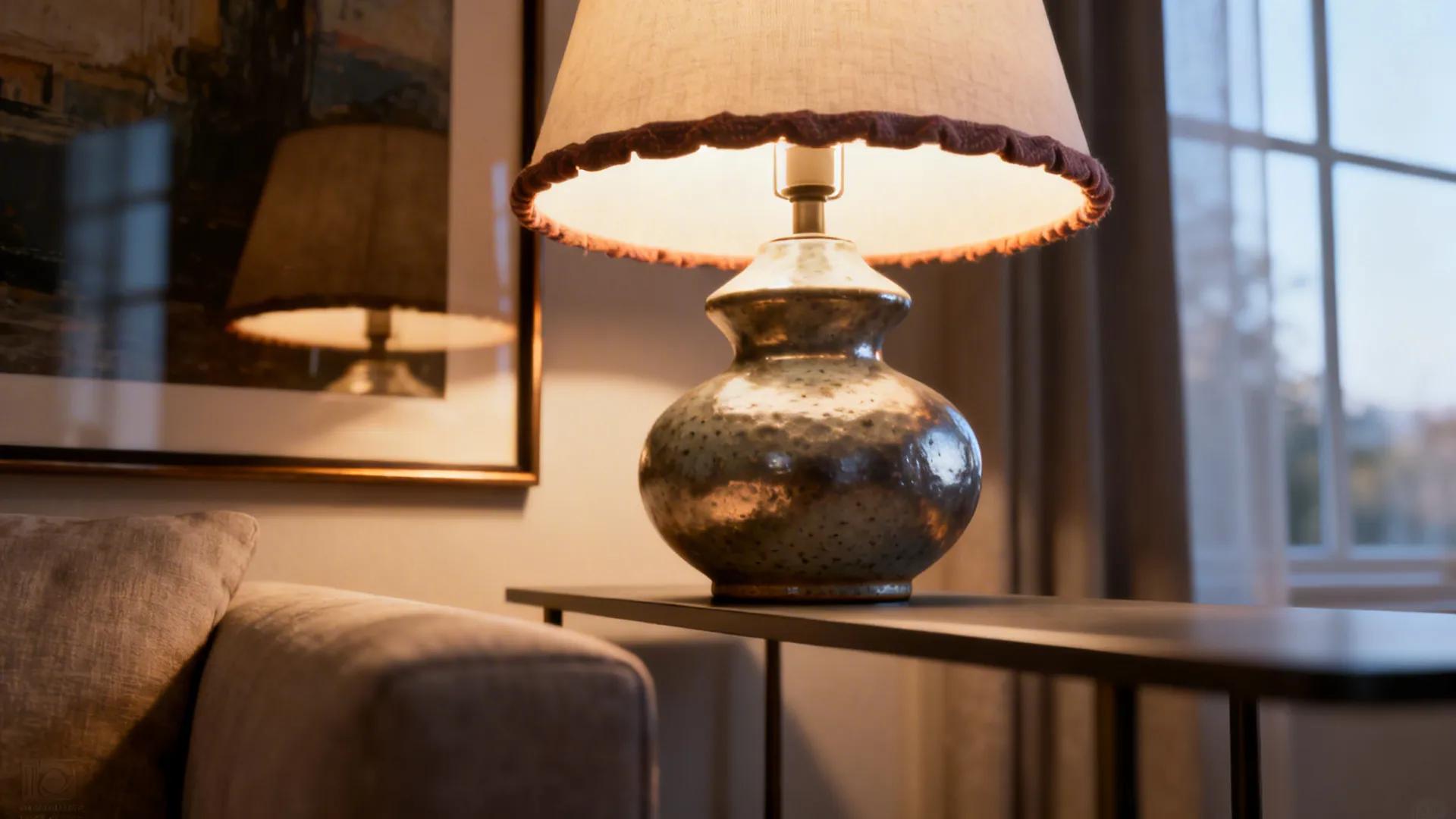 Close-up of a textured sculptural 3-way lamp on a slim console casting warm light on nearby artwork
