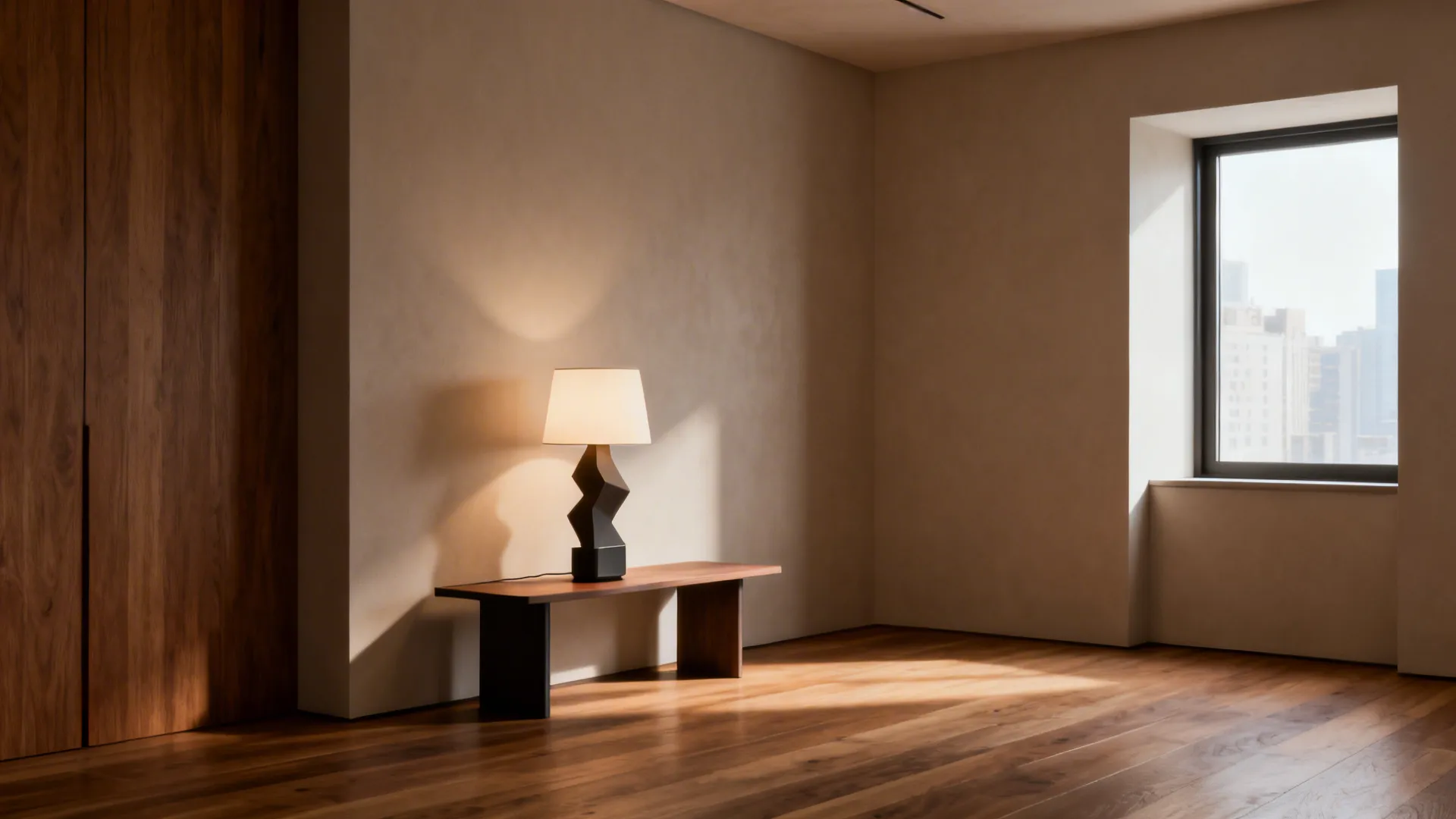 Narrow console table in an urban flat with a sculptural rechargeable lamp as focal artwork