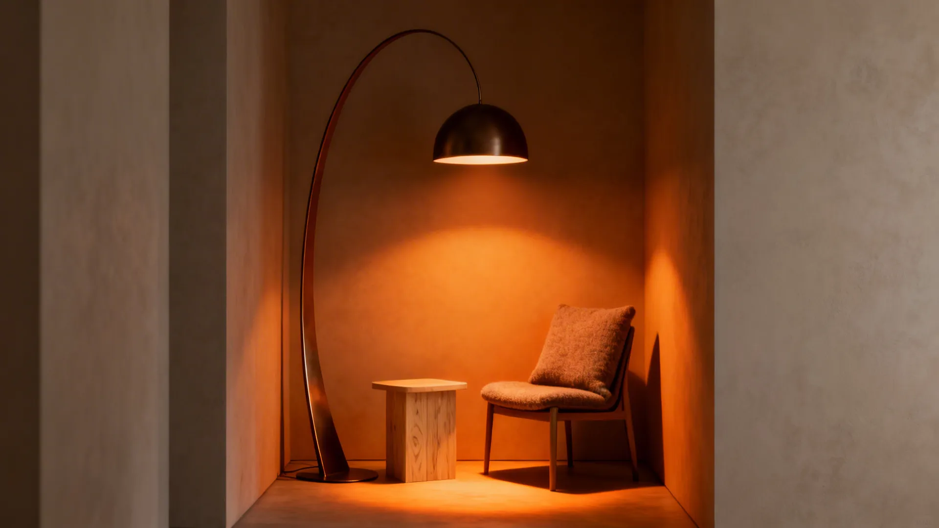 Cozy reading nook with a sculptural floor lamp, slim armchair, and small side table in warm light.