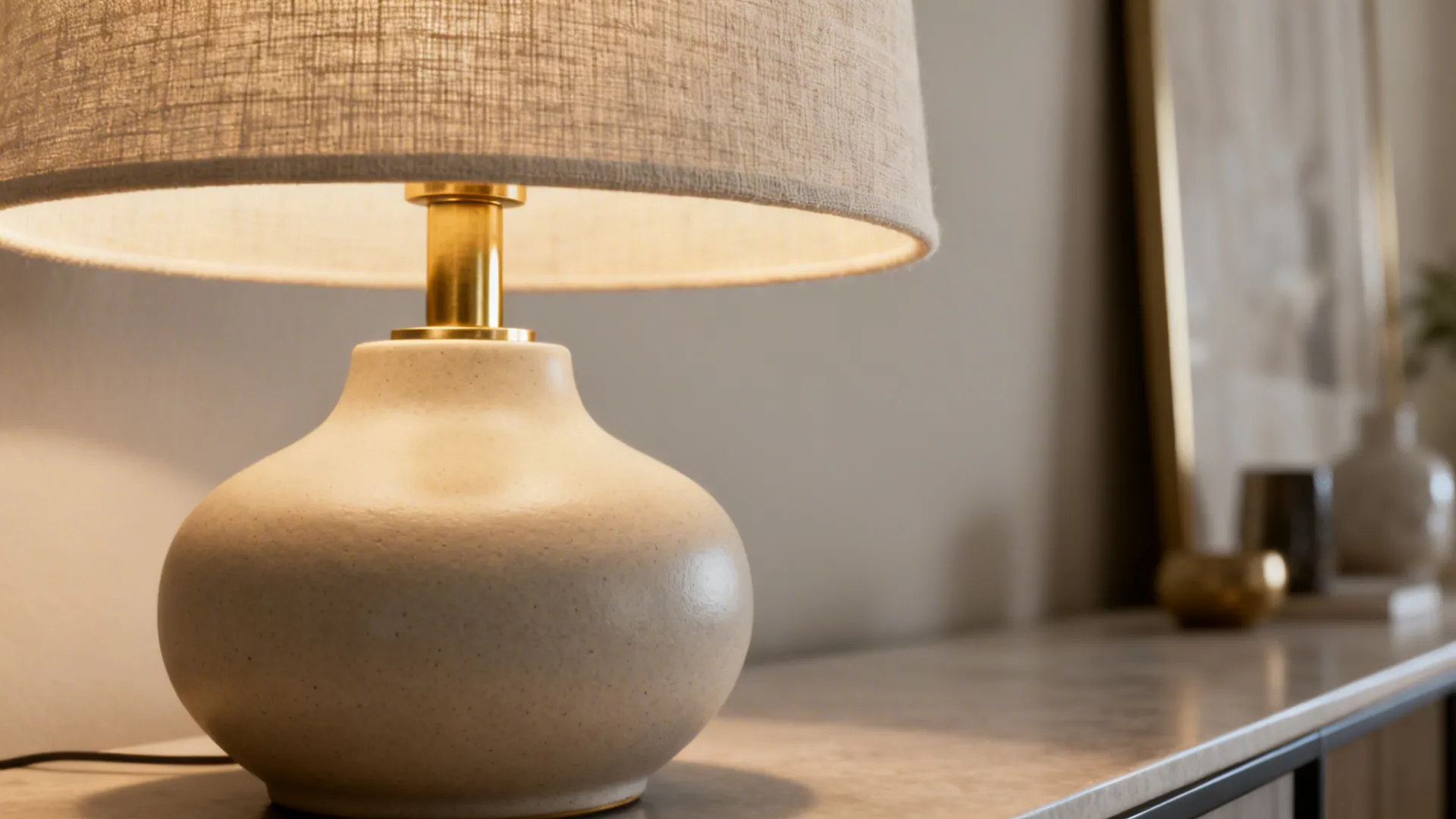 Close-up of a sculptural ceramic lamp with brass neck and linen shade highlighting textures.