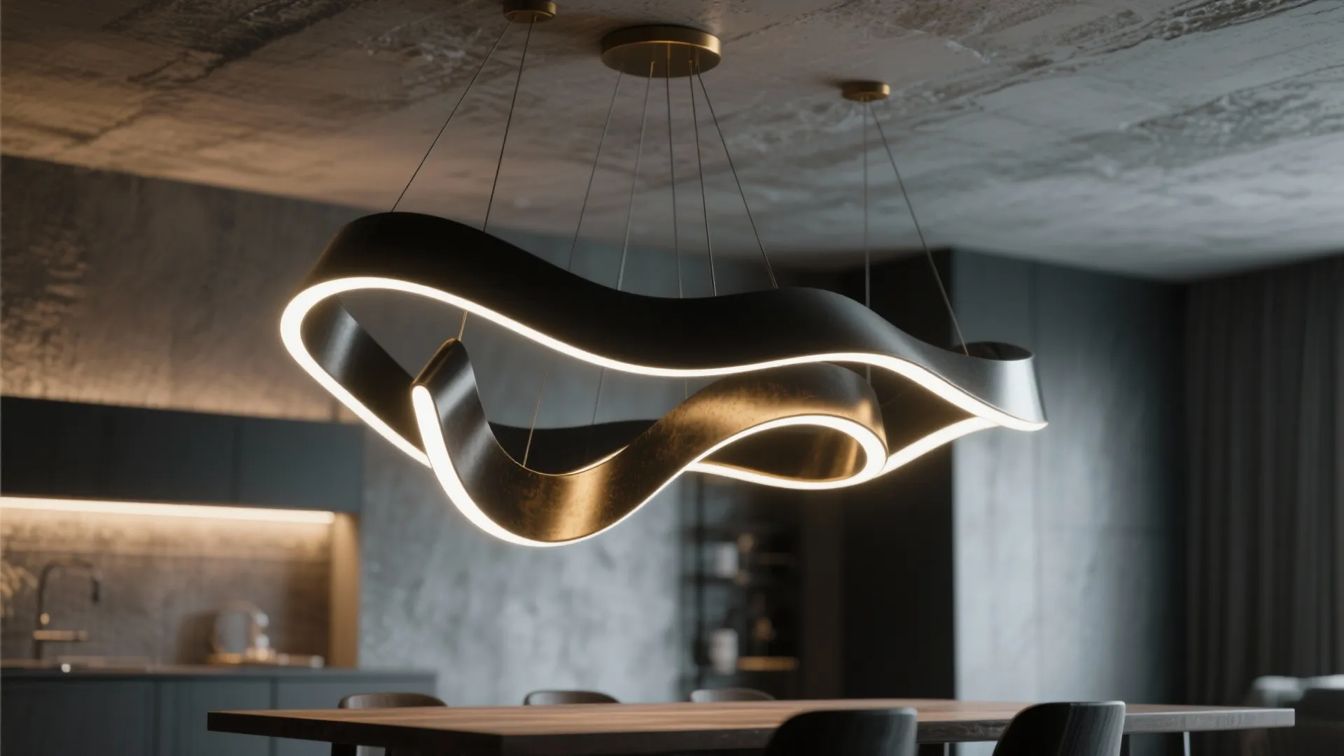 Close-up of a sculptural integrated LED chandelier with warm diffusion and artistic silhouette.
