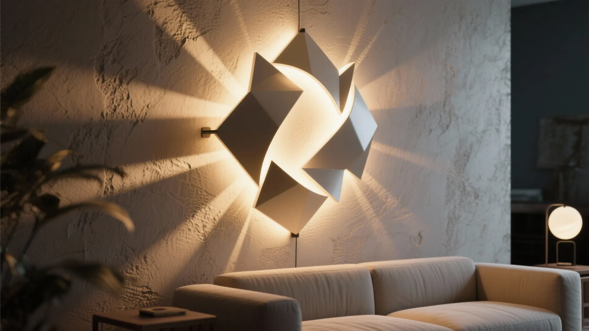 Geometric sculptural LED wall light casting decorative patterns and acting as wall art.