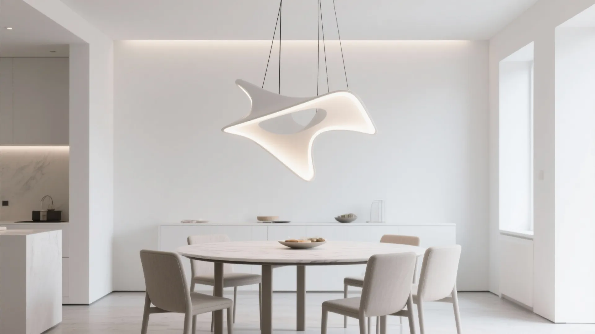 Modern white dining room with sculptural ceiling light above a marble table and grey chairs