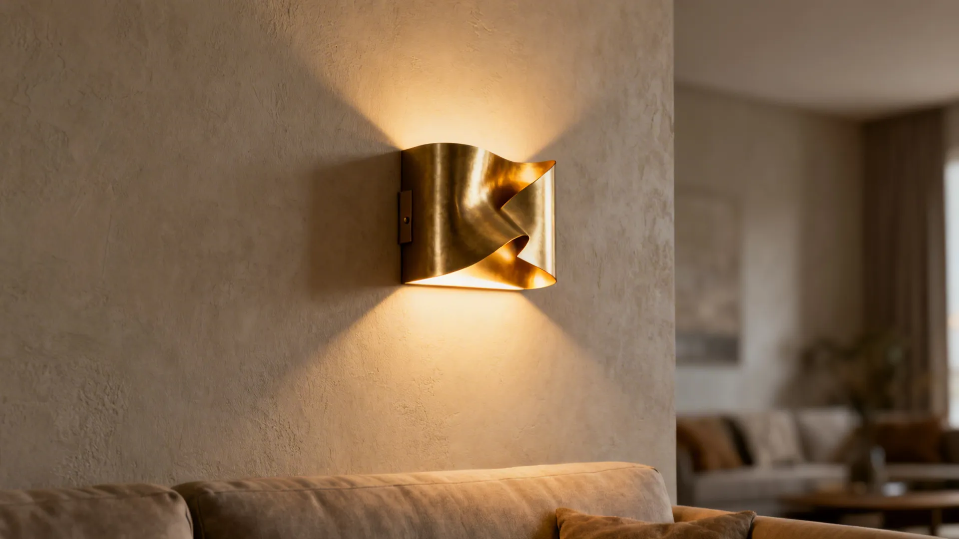 Folded-ribbon sculptural LED wall sconce with warm glow and soft shadows above sofa.
