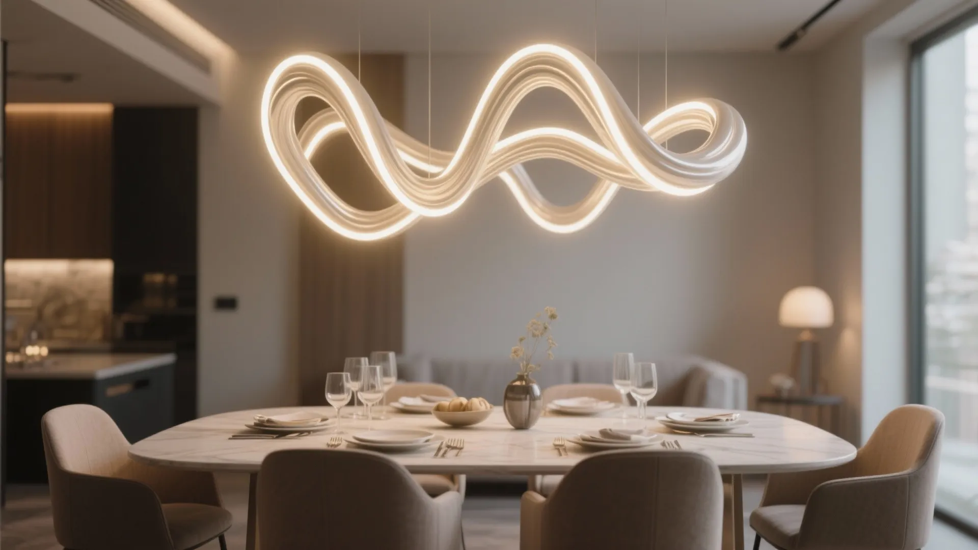 Dining room with twisted sculptural LED strips as centerpiece lighting