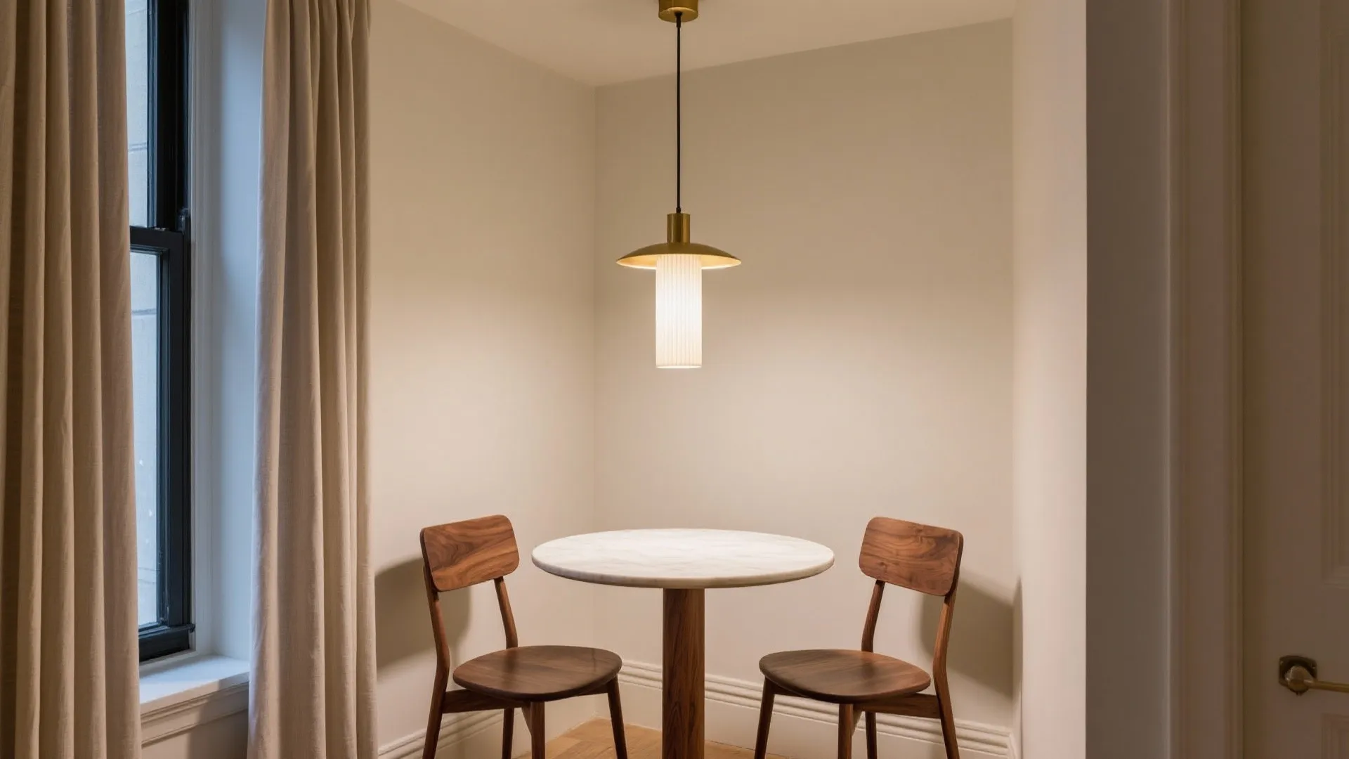 Small dining corner with marble table two wood chairs hanging ceiling light and beige curtains