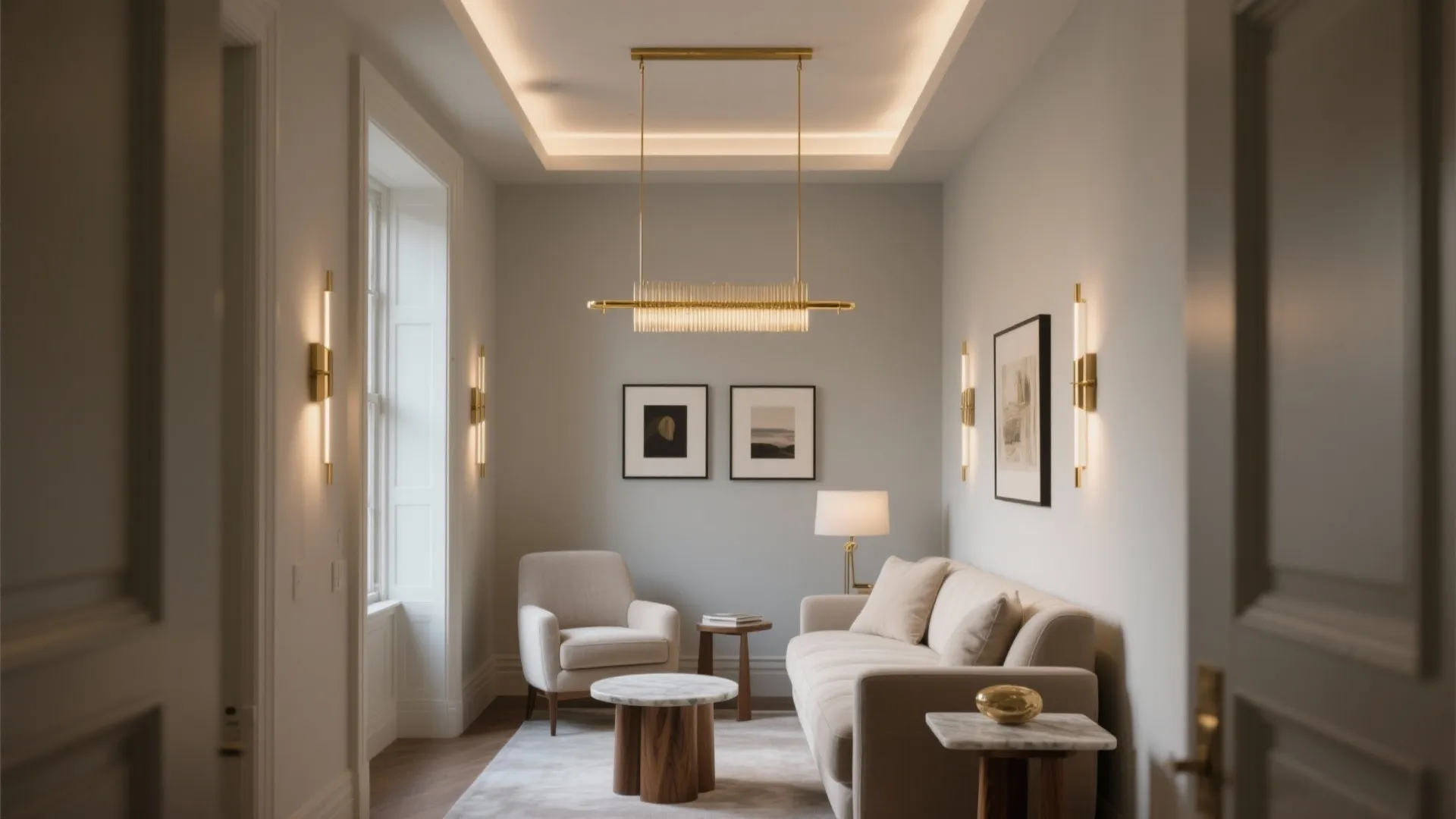 Elegant living room featuring beige sofa, armchair, marble coffee table, and gold modern ceiling light