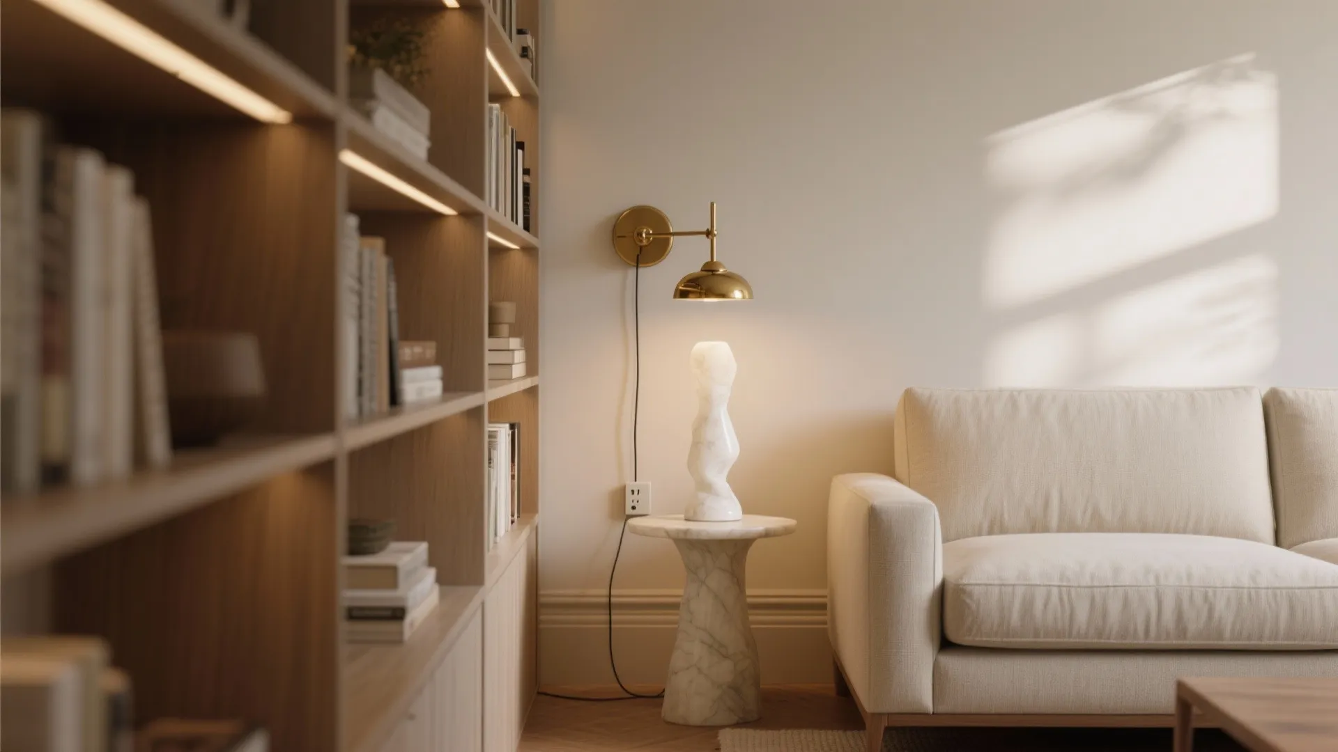 Slender alabaster lamp and plug-in brass sconce create layered light in a narrow living room corner.