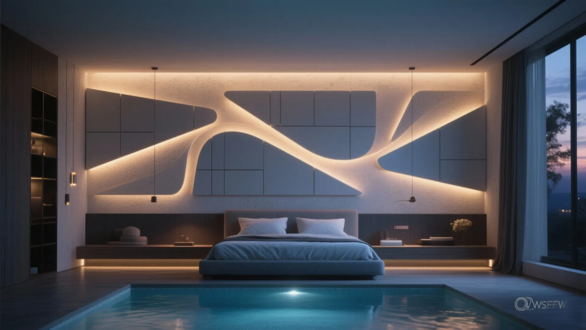 Luxury modern bedroom with artistic wall light panel large bed and an indoor swimming pool