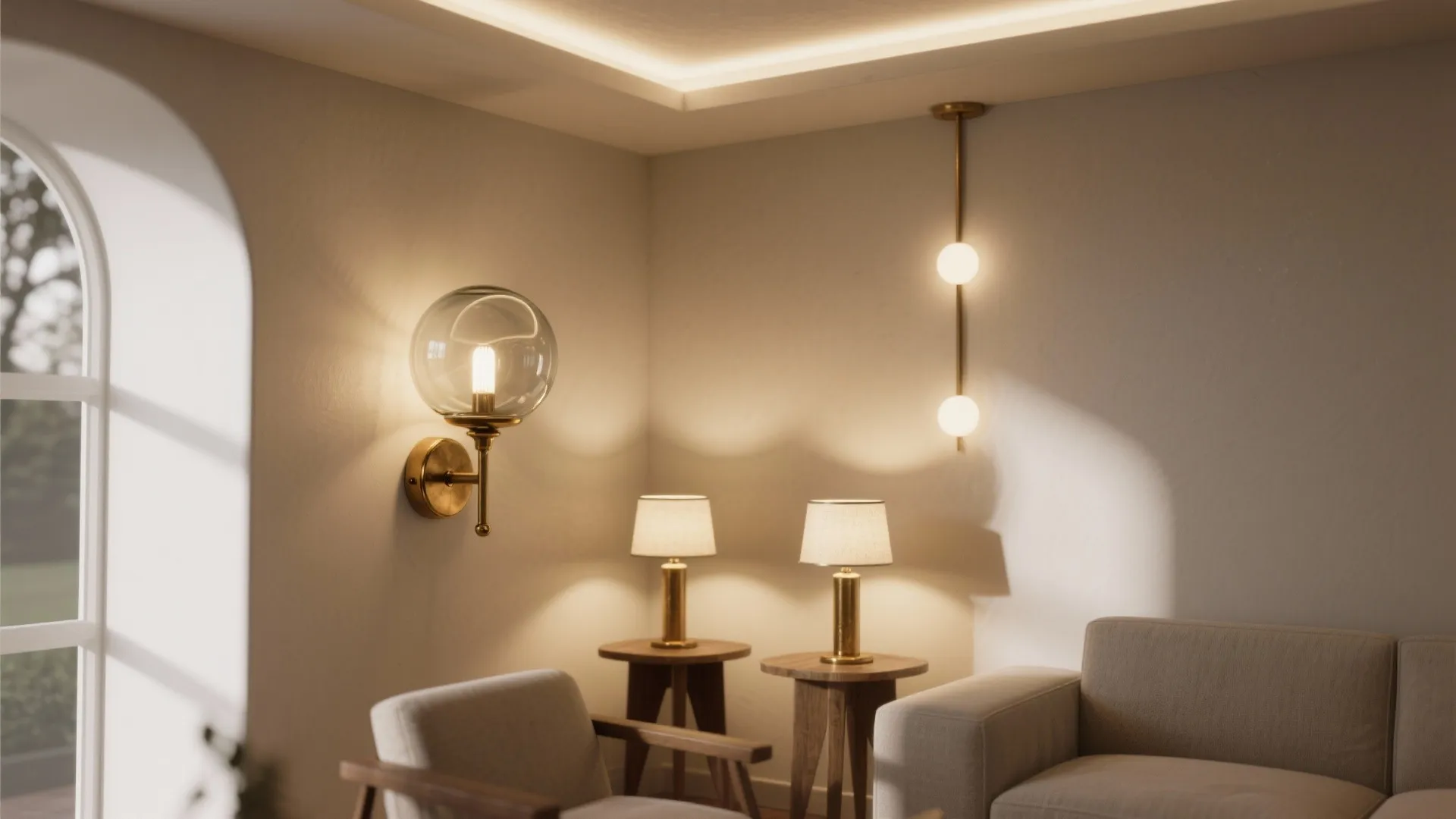 Living room corner with grey sofa armchair wall light and lamps on wooden side tables